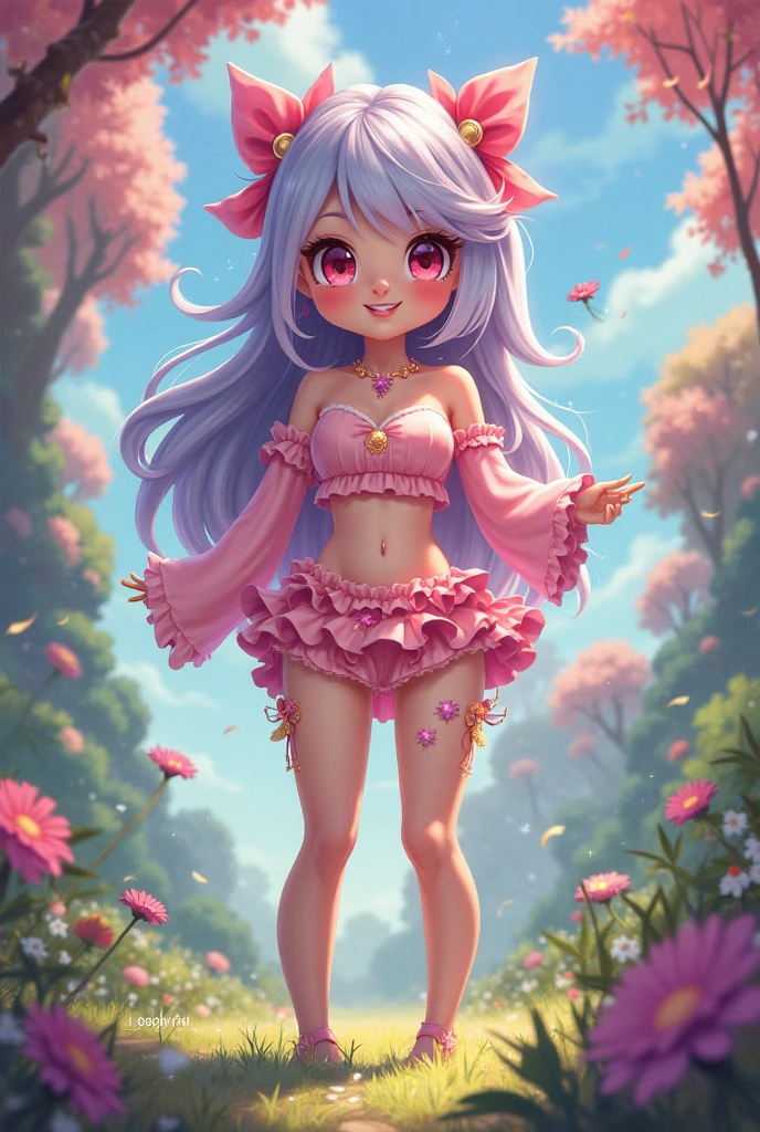 Anime Sexy woman Roblox theme in pink and white cow outfit With socks, with the mahoraga wheel on her head and White hair tied up