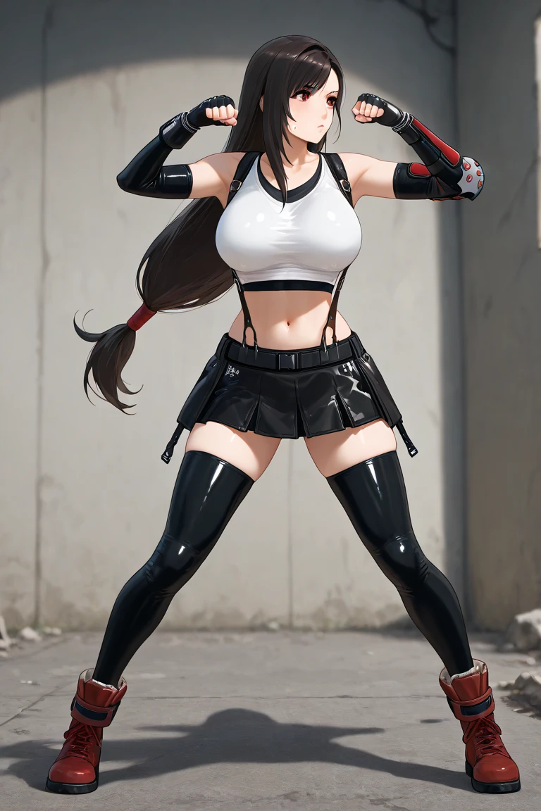 masterpiece, best quality,3d rending work ,3DMM style,close-up, 3D,1girl, solo, black hair, teardropshaped earrings, realistic, (full body:1.5), urban city background, bangs, long straight black hair, parted lips, choker, makeup, (white sports bra:1.5), (red eyes), tifa lockhart, (huge breasts:1.5) enormous droopy breasts, macromastia, cleavage, exposed stomach, toned abs, toned arms, (black miniskirt:1.4) thigh high stockings, red boots,  slim, thin figure, long legs