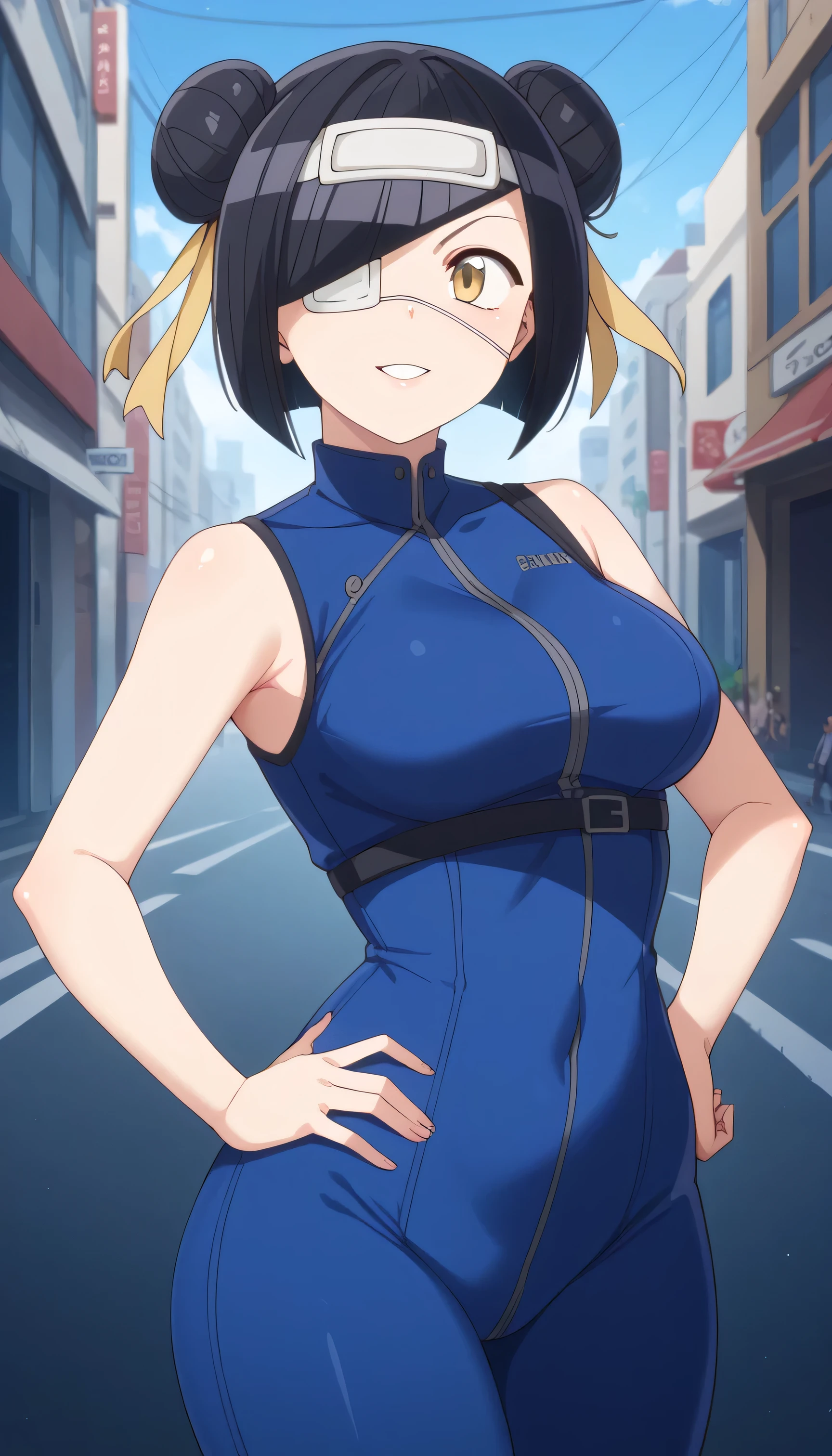 score_9, score_8_up, score_7_up, score_6_up, source _cartoon, BREAK masterpiece. Omoharu Nakanaka , short hair, black hair, yellow eyes, eyepatch, eyepatch in left eye, double bun, yellow ribbon, blue bodysuit, crop top, sleeveless, breasts , hand on own hip, street, cityscape, alleyway, smile, parted lips