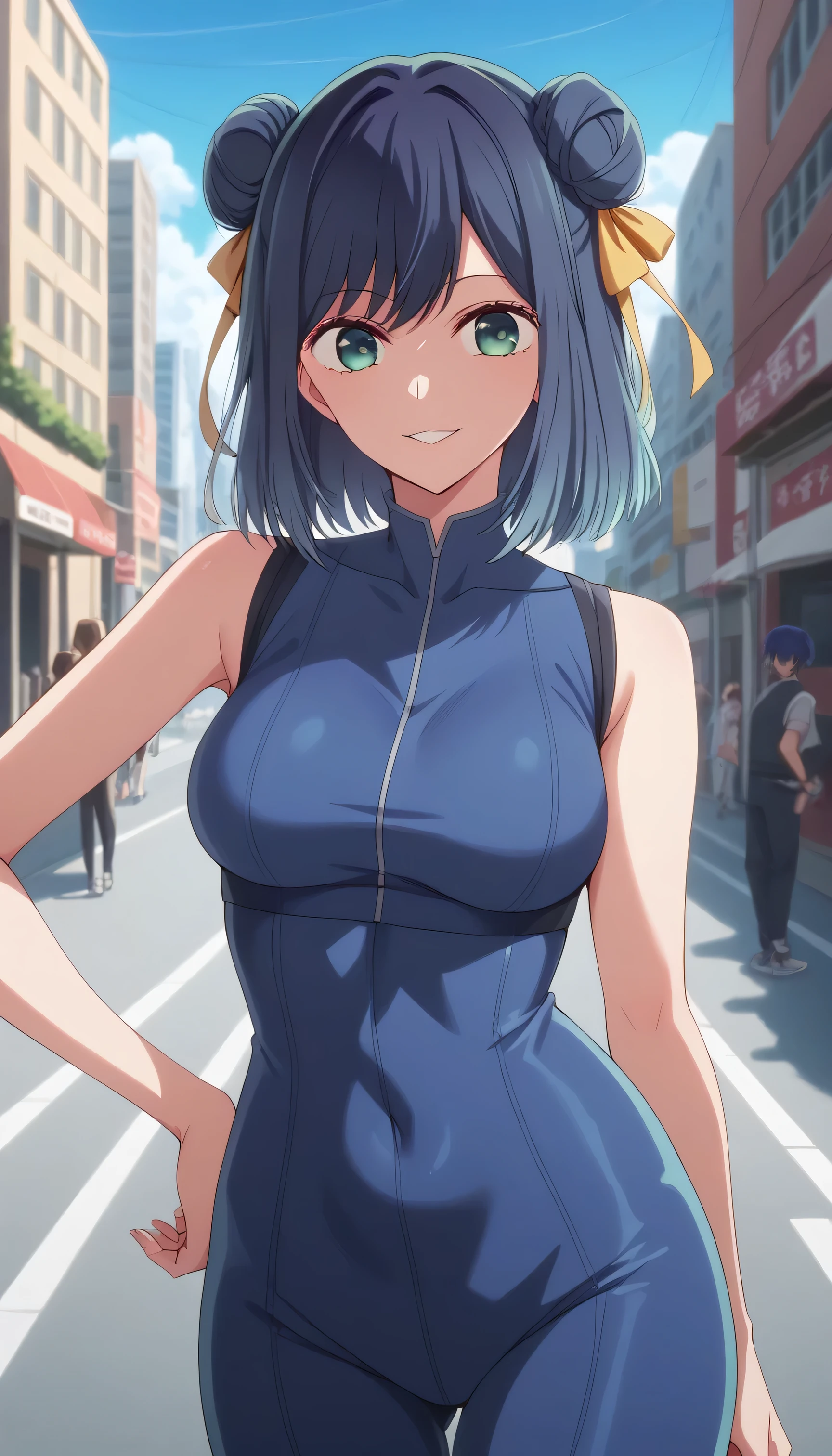 score_9, score_8_up, score_7_up, score_6_up, source_cartoon, BREAK masterpiece. akane kurokawa, bangs, green eyes, blue hair, medium hair, dark blue hair, double bun, yellow ribbon, blue bodysuit, crop top, sleeveless, breasts, hand on own hip, street, cityscape, alleyway, smile, parted lips