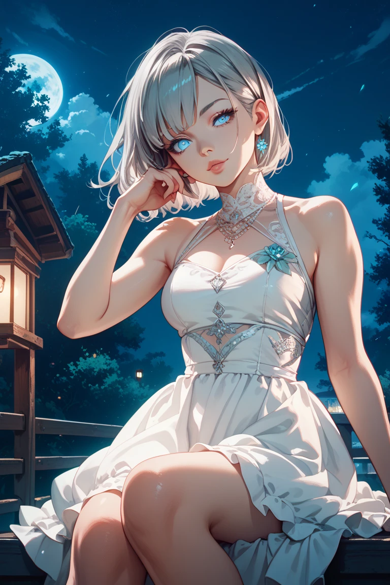 Mulher, lua, lanterna, noite, solo, seios grandes, ornamento de cabelo, molhado, quimono, roupas japonesas, wading, water, cabelo flor, flor, ao ar livre, heaven, lua cheia, chuva, cabelo preto, fora do ombro, montanha, nuvem, segurando, faixa, ombros nus, lanterna de papel, standingn, quimono branco, night sky, sideboob, obi, roupas molhadas, franja, tree, de lado, reflexo, cabelo curto, clouded skies, cabelo molhado ((obra-prima), (extremamente detalhado CG unidade 8k papel de parede), melhor qualidade, , solo, 1girl, cinematic lighthing, fundo detalhado, belos olhos detalhados, pupilas brilhantes, (um extremamente delicado e bonito), (description of beautiful and detailed eyes), ultra-detalhado, obra-prima,)),
