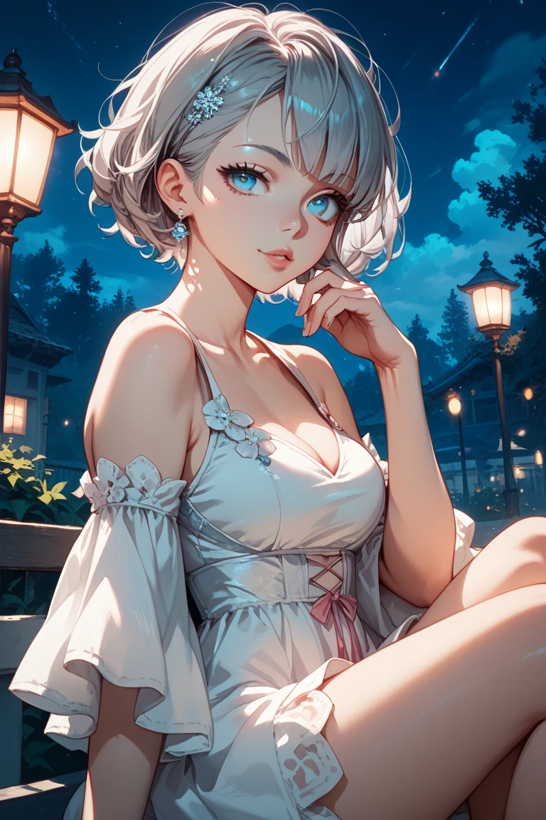 ((((masterpiece, best quality, high resolution)))), Extremely detailed 8K, Beautiful girl with slender body, (Ultra HD, Ultra-detailed, Highly detailed, Highly realistic, Ultra-realistic, photograph realistic), (1girl:1.5), (Realistic white hair), short wavy hair, bob cut, (dynamic poses), facing at camera, light smile, purple eyes, (large breasts: 1.2), cleavage, (beautiful detailed face, beautiful detailed eyes), fluffy off-shoulder yukata, summer festival in background, cityscape scenery, street, night light, night time