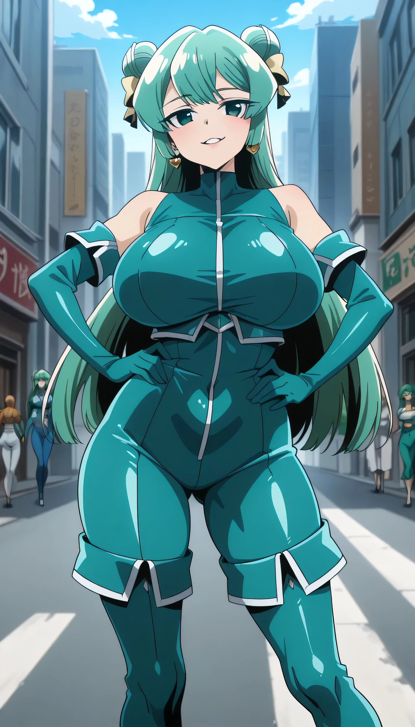 score_9, score_8_up, score_7_up, score_6_up, source_cartoon, BREAK masterpiece. mahou shoujo ni akogarete magiaazul, green_hair,long_hair , swept bangs , half updo , glossy lip, earrings, huge breast, thicc thigh, double bun, yellow ribbon, blue bodysuit, crop top, sleeveless, breasts, hand on own hip, street, cityscape, alleyway, smile, parted lips