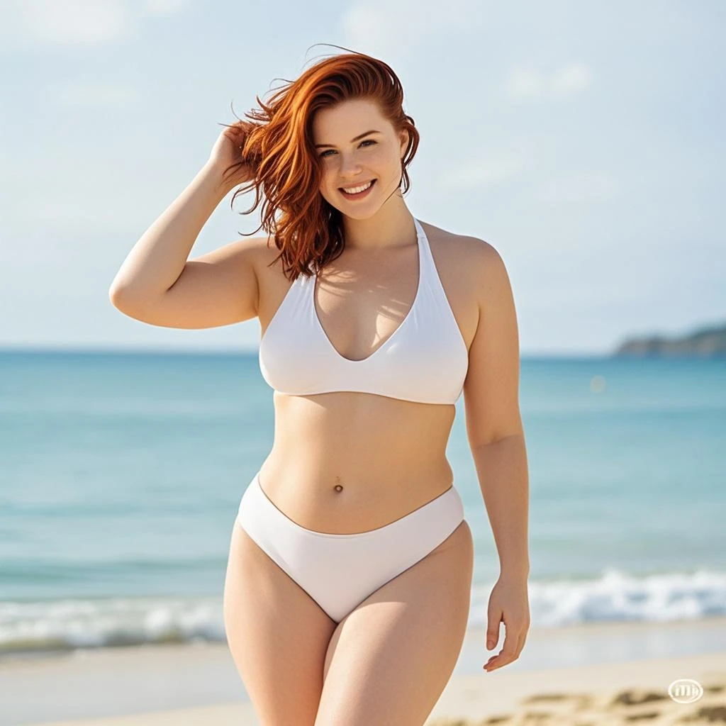 Daphne Blake nude, smiling, sexy, full body on a deserted beach.