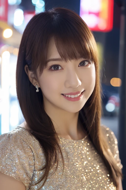 One Girl, (wearing an orange glitter dress:1.2), (RAW Photos, highest quality), (Realistic, Photorealistic:1.4), Tabletop, Very delicate and beautiful, Very detailed, 2k wallpaper, wonderful, In detail, Very detailed CG Unity 8k wallpaper, Very detailedな, High resolution, Soft Light, Beautiful detailed girl, Very detailedな目と顔, Beautifully detailed nose, Beautiful fine details, Cinema Lighting, City lights at night, Amazing illumination, Perfect Anatomy, Slender body, small, smile