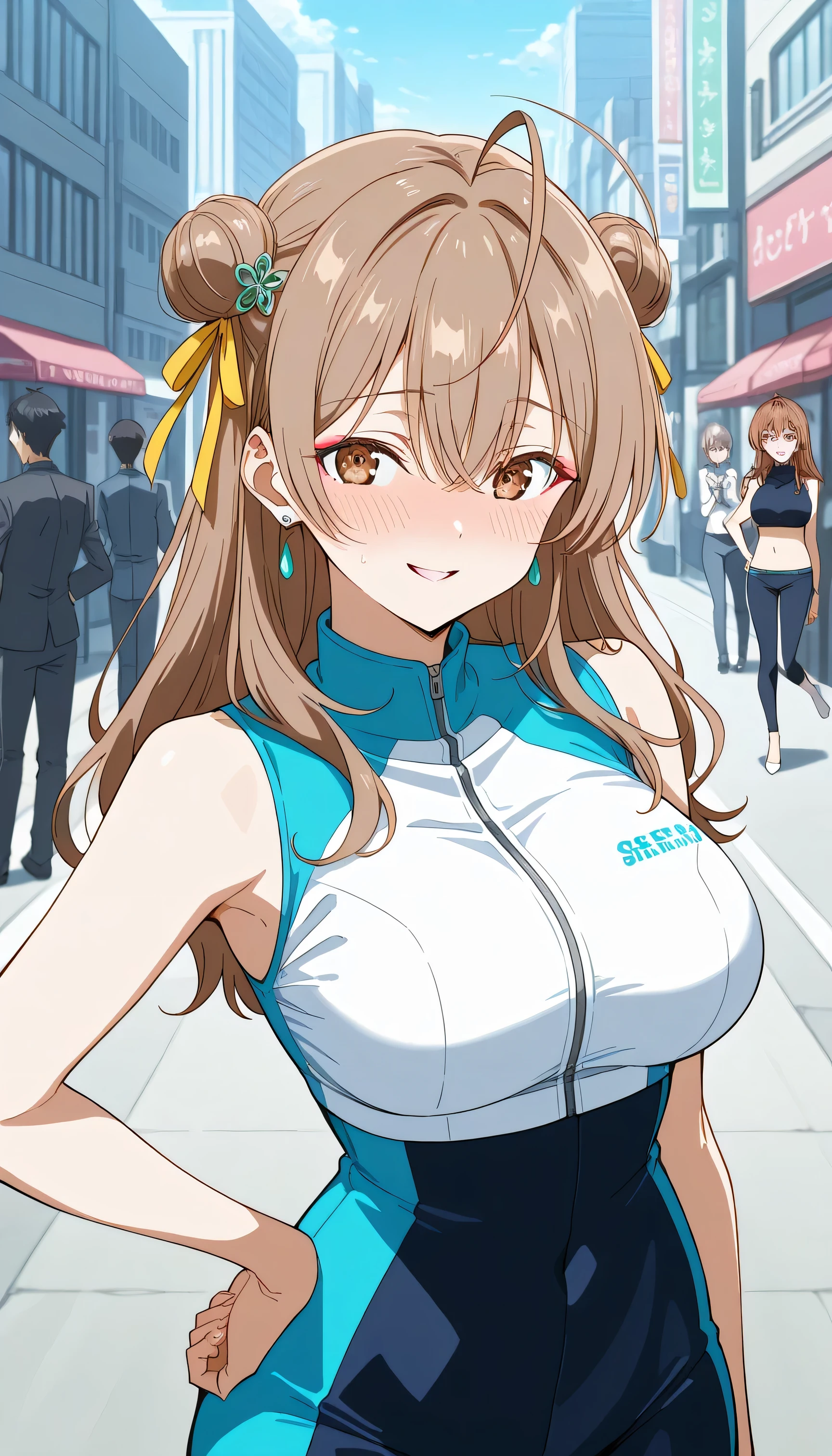 score_9, score_8_up, score_7_up, score_6_up,   source  _cartoon, BREAK masterpiece. maria mikhailovna kujou, long hair, bangs, brown hair, Hair ornament, hair between eyes, brown eyes, Ahoge, large   breasts  , earrings, makeup, Embarrassed face, double bun, yellow ribbon, blue bodysuit,   crop top, sleeveless,   breasts  , hand on own hip, street, cityscape, alleyway,   smile, parted lips
