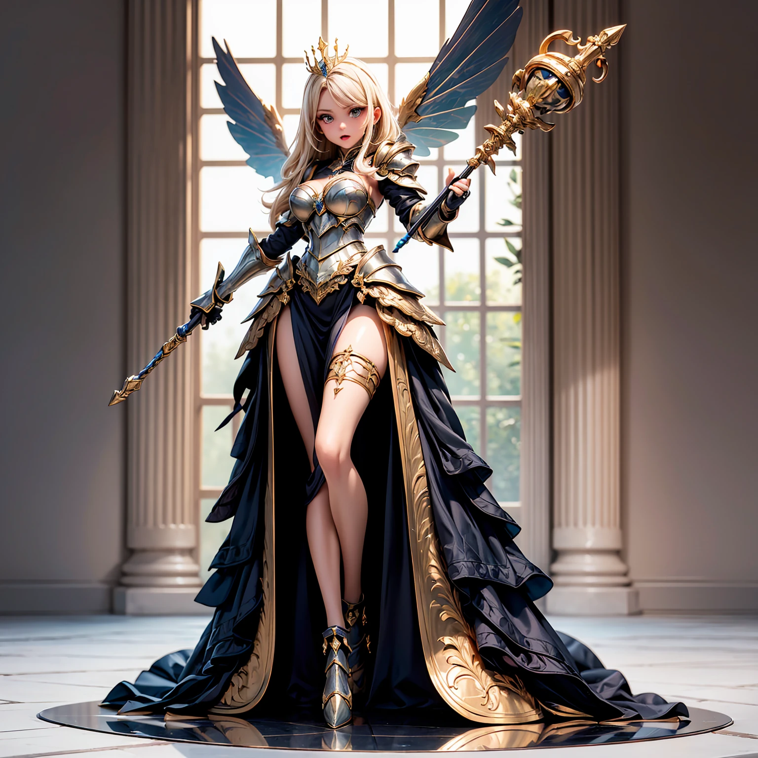 Best quality, masterpiece, ultra high res, raw photo, beautiful and aesthetic,deep shadow, dark theme,(ultra detailed:1.3),
1girl, dynamic pose, Headdress, hair ornament, full of curtain, drill hair, long hair, blonde hair, gradient hair, yellow eyes, solo, huge breasts, G-cup, big hair, blue hair, tiara, divine goddess, looking at viewer, cyber punk city, indoors, bedroom, astraea, full body, mechanical parts, mecha theme, scifi theme, wing, robot joints, mechanical wing, many rings of light above, headgear, mecha musume