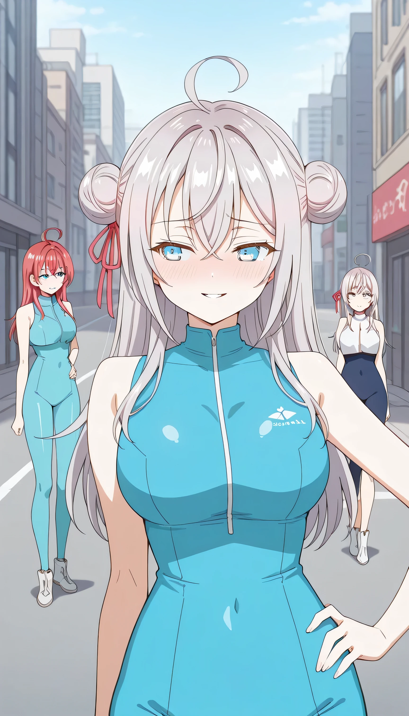 score_9, score_8_up, score_7_up, score_6_up, source_cartoon, BREAK masterpiece. alisa mikhailovna kujou (roshidere), long hair, silver hair, ahoge, crossed bangs, red hair ribbon, sidelocks, blue eyes, embarrassed face, double bun, blue bodysuit, crop top, sleeveless, large breasts, hand on own hip, street, cityscape, alleyway, smile, parted lips