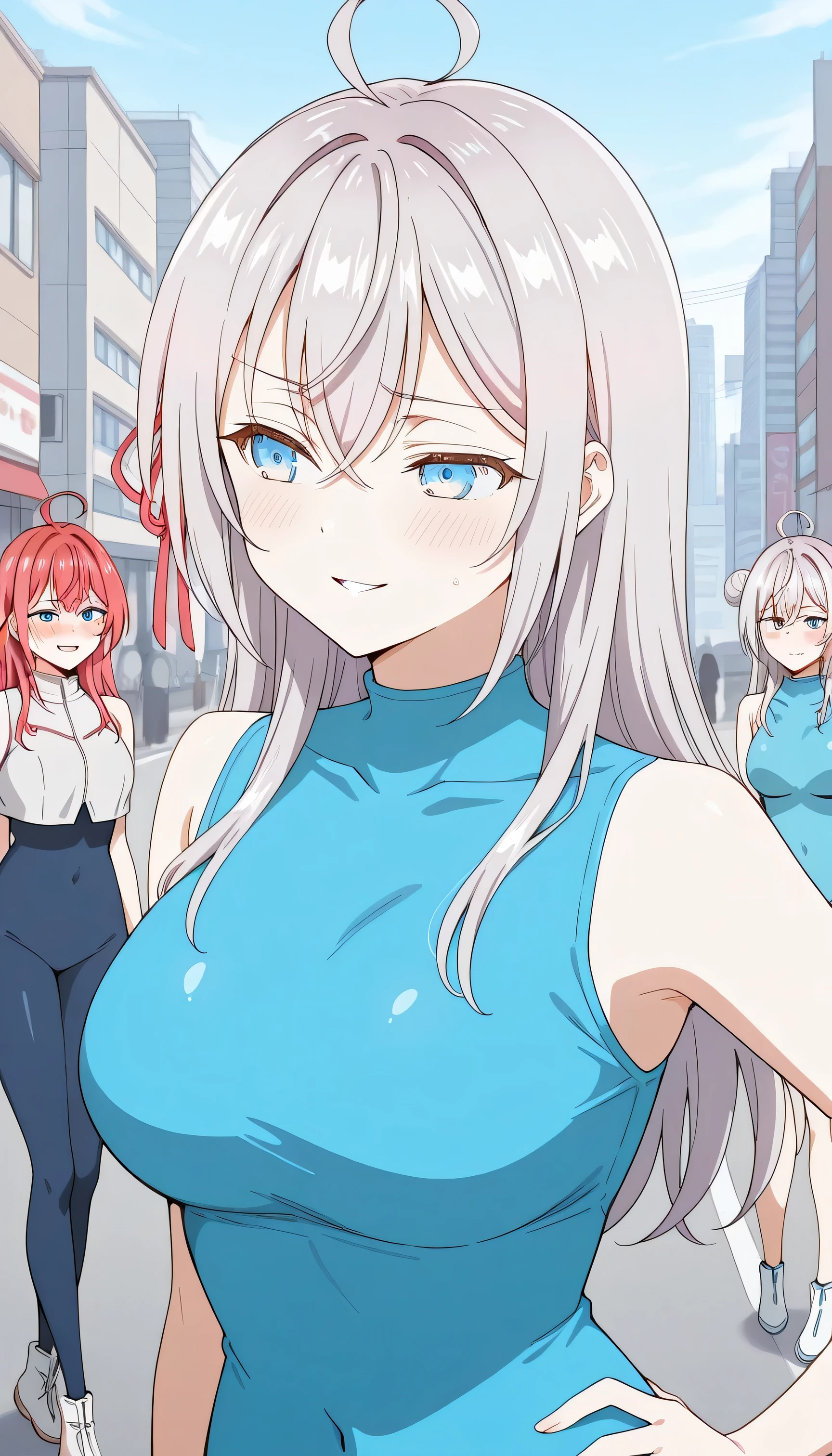 score_9, score_8_up, score_7_up, score_6_up, source_cartoon, BREAK masterpiece. alisa mikhailovna kujou (roshidere), long hair, silver hair, ahoge, crossed bangs, red hair ribbon, sidelocks, blue eyes, embarrassed face, double bun, blue bodysuit, crop top, sleeveless, large breasts, hand on own hip, street, cityscape, alleyway, smile, parted lips