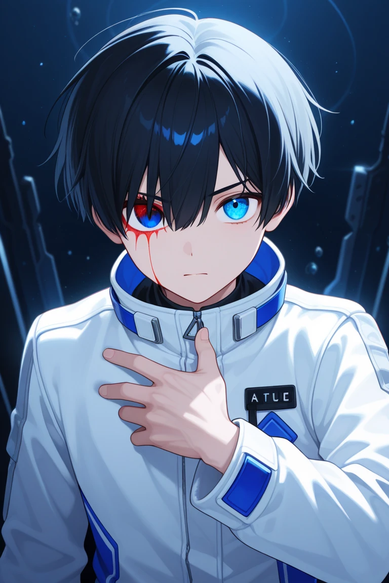 [(BLACK BACKGROUND:1.5),::5], ((((masterpiece)))), high quality, ultra very high resolution, full color, (((solo))), ((little boy)), black hair, ((blue colored inner hair)), ((purple eyes)), anime, ((upper body)), neon light, black parka, (lightning effect:1.2), (Blood effect:1.5)