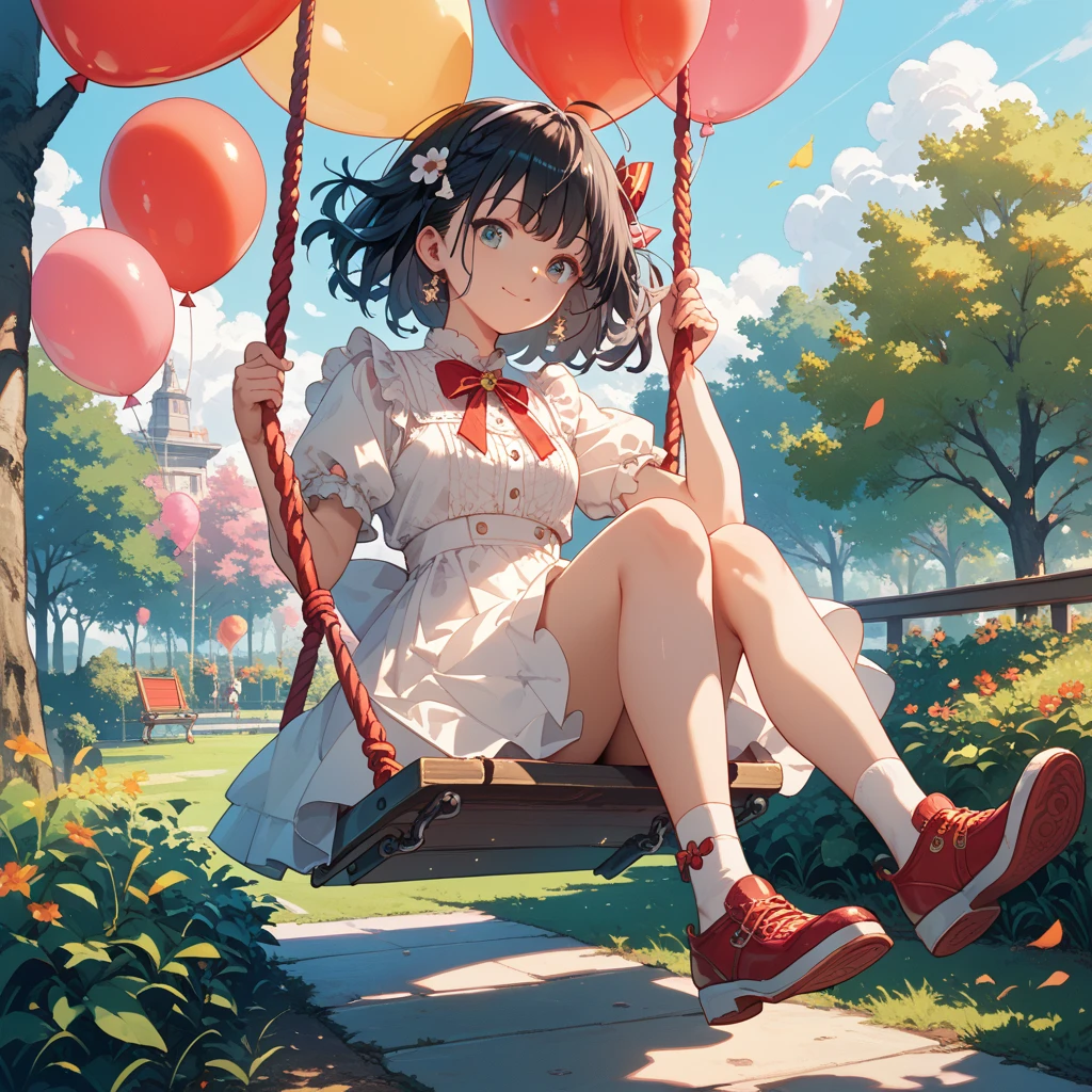One girl. (masutepiece, of the highest quality, Kyoto Animation Style Illustration, of the highest quality, Official art, aesthetics, Beautiful details, :1. 2), BREAK, (17 years old girl), Very detailed, colourfull, highest details, BREAK, (girl, Cute, Cheerful, Loli face, A dark-haired、a short bob、tareme, gleaming skin, Hugging a stuffed rabbit, Playboy Bunny,(tshirts:1.1),(Pleated skirt and red suspenders:1.2), High socks with pink and yellow stripes,Pink Bunny Years Hair Band,BREAK,Walking,Mouth open,Open eyes,Right hand,Surprised face when meeting an acquaintance, BREAK,(a park:1.3),(swing, Benches, seesaw:1.5),( A few schoolchildren),