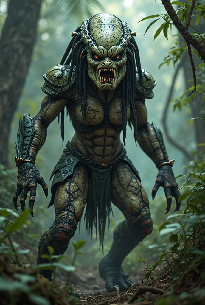 Horror-themed movies,Ultra HD、Amazing image quality,4k、darkジャングル、薄dark背景、Predator、Dirty silver iron mask、Muscular body、The skin is like scales、Equipped with iron claw weapon、Full Body Shot,Give the viewer a malicious look, Grabbing Viewer, For the viewer,Misty marshland background,Shallow depth of field, Vignette, Very detailed, High budget, Bokeh, CinemaScope, Sulky, amazing, nice, Film Grain, granular . Creepy, Anxious, dark, Creepyな, Suspenseful, strict, Very detailed
