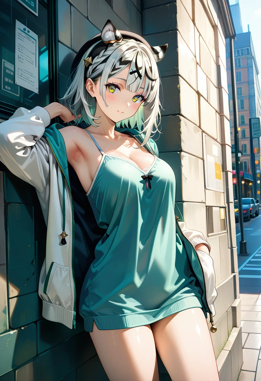 japan, highres, highest quallity, illustration,  ultra detailed, (detailed face), (detailed eyes), soft lighting, best quality, hazy glow, dreamy atmosphere, hyper detailed, masterpiece, 1girl, solo, silver hair, green eyes, knitwear, luminous eyes, medium breasts, (colorful), cowboy shot, from below, outdoors, morning, clouds, tall buildings in background, industrial, public transportation, urban, concrete buildings, concrete, sidewalk, busy, trees, autumn, falling leaves, big tits, naked, no cloths, butt naked, see throu pussy