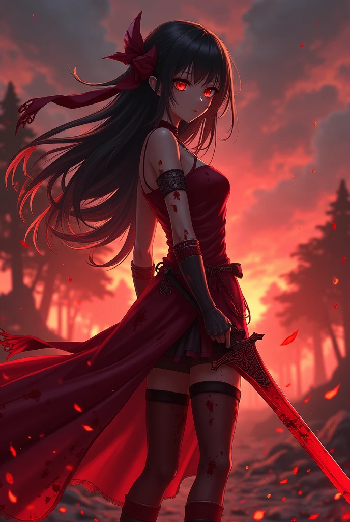 Damsel in distress. Human woman (young 18. red miniskirt (damaged and torn), red fishnet top) is fleeing through the woods crying and scared, werewolf chasing her, forest