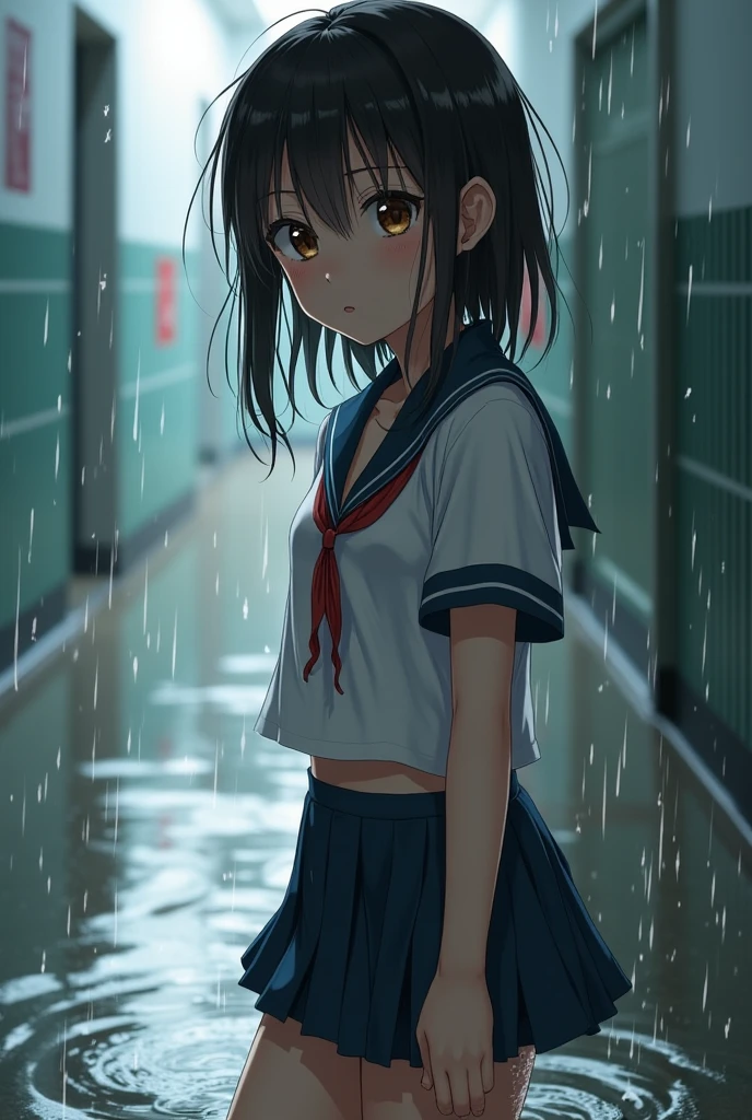 An anime girl in a wet school uniform, with her underwear showing.
