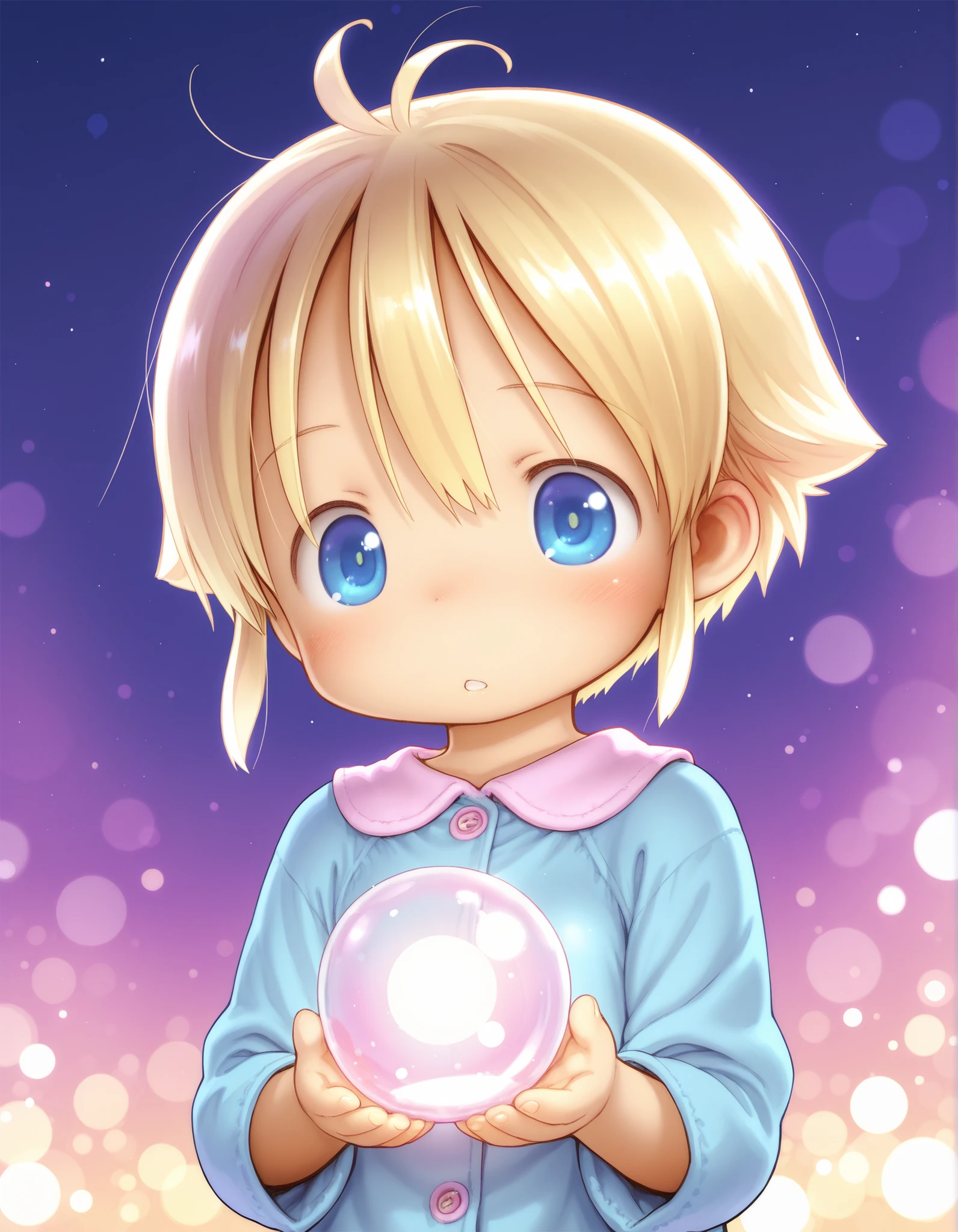 tsukushi akihito, 1girl, solo, depth of field, bokeh, blonde hair, blue eyes,, vibrant colors, background the night, toddler,