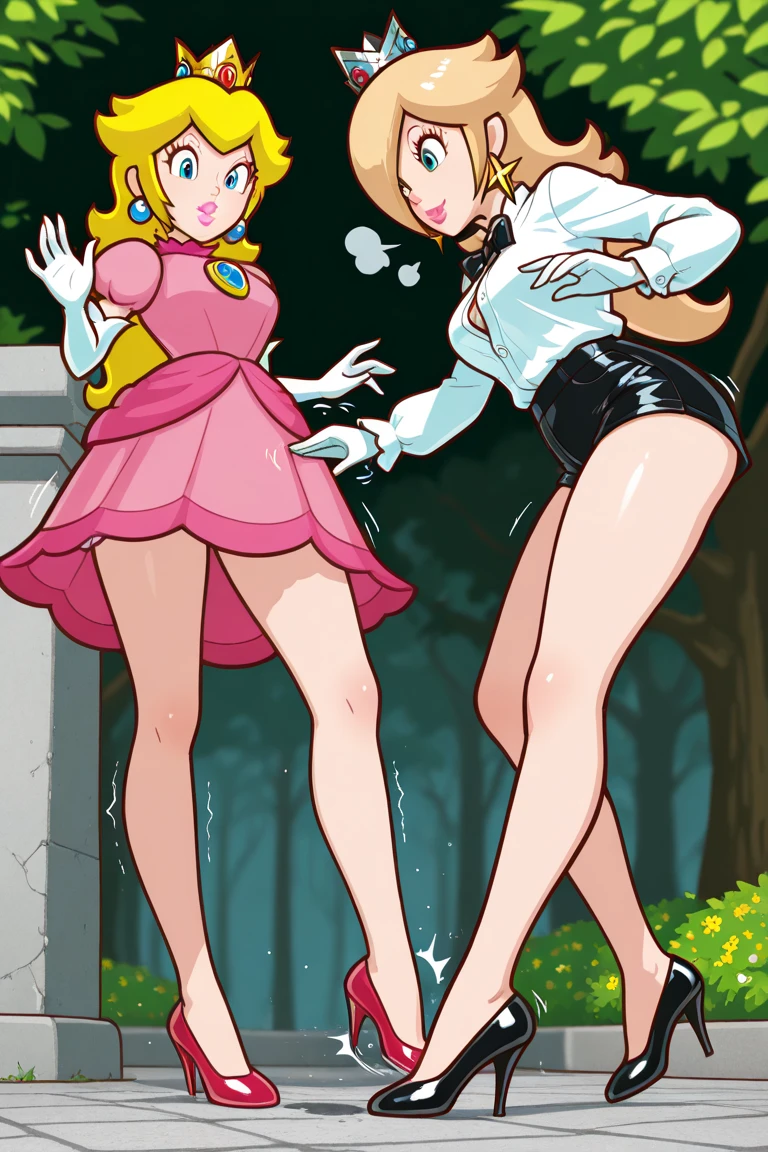 Princess_Peach, flat torso, cameltoe, wet skin, 1girl, blonde hair, shiny skin, simple background, full body view, pink dress, upskirt focus view, pink striped panties, wet panties, panties close focus, under view, skirt lift, wet legs