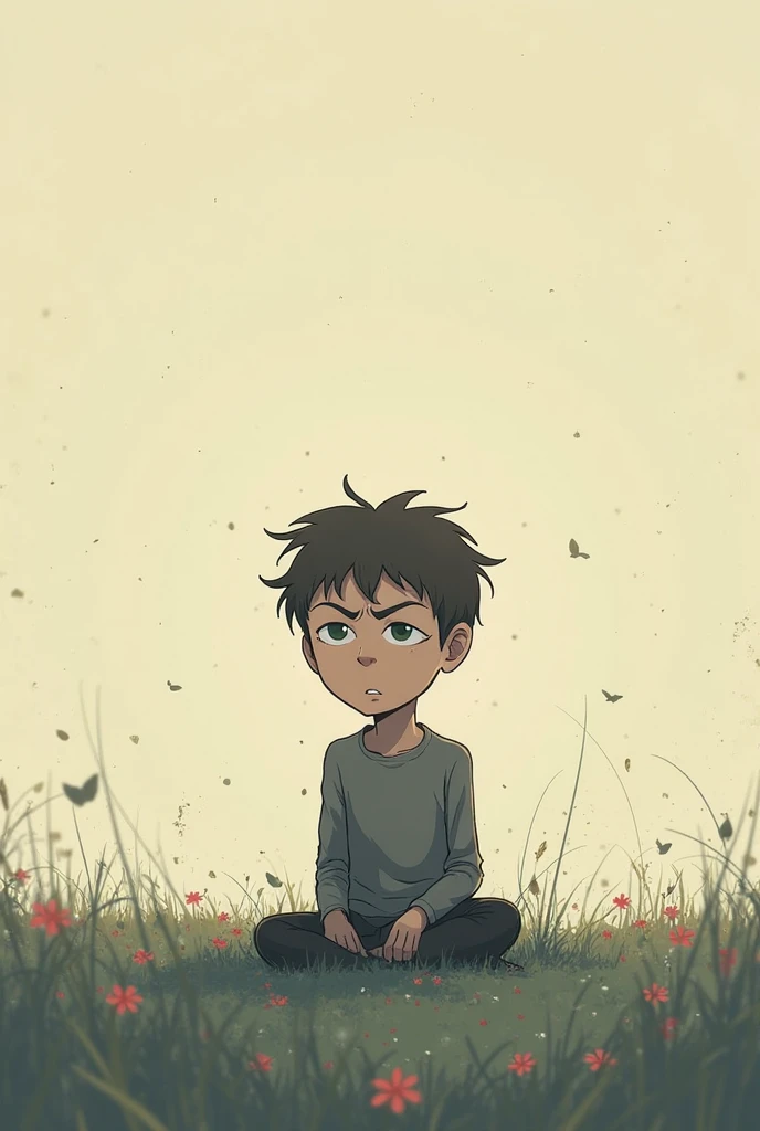 Boy lying on grassy field, tired and sad expression, looking up, view from above, hands under head