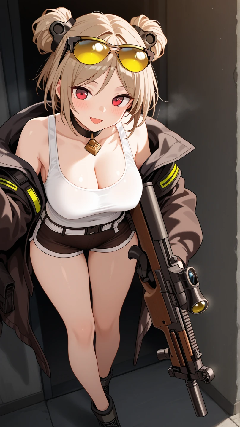 solo 1girls thick figure thick thighs size huge breast hard nipple size fat ass yellow eyes tan skin short blonde messy hair wear fingerless gloves wear short crop top hoodie wear short crop jean ripped wear holster wear black stocking tight outfit holding a rifle on hands wear tactical backpack wear tactical goggle on head