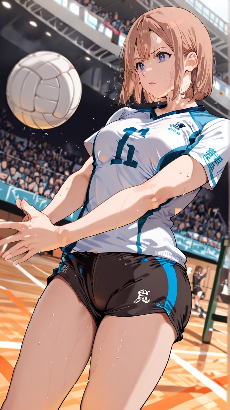 (Highest quality:1.5, High resolution, uhd, 4K, Detailed lighting, Shaders), ((Misaka Mikoto)) ,solo short hair　Brown Hair　Brown eyes　Cool face　　((Volleyball Uniforms))++　Realistic gym　 Sweat　Super oily skin　　Preparing for exercise　No ball　((No sleeve))　Cowboy shot Beautiful ass　Side angle