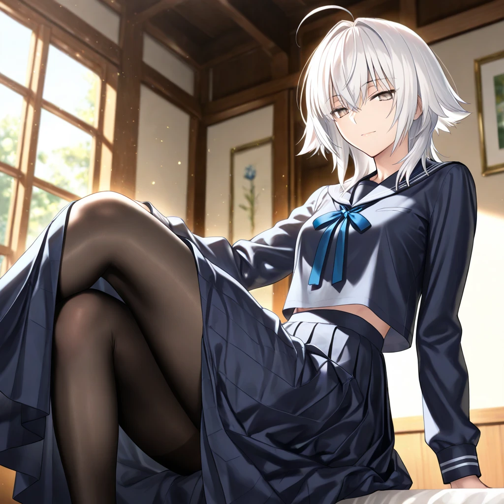 Koneko Toujou (DXD), 1girl, white hair, short hair, konekouniform, , white shirt, skirt, red skirt, black ribbon, masterpiece, black corset, kneehighs, black socks, sitting,