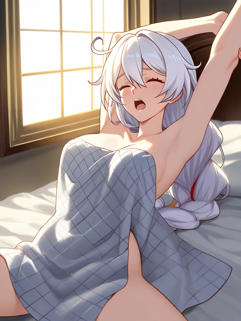 NFSW, (Masterpiece, Top Quality), 1 girl, RH, アニメ, (naked), beautiful nipples, 13-year-old, bedroom with lights out, lying on bed, from above, high definition, Japan, Eyes closed, sleeping, (silver hair), twin tails, medium hair, red hair bobbles, 1990s anime style, Toes, Small breasts