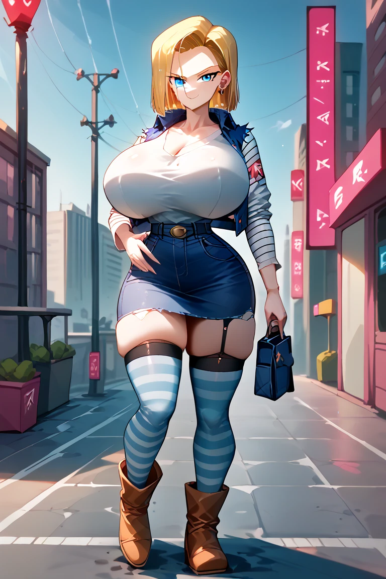 unparalleled masterpiece, ultra realistic 8k CG, perfect artwork, (1girl:1.1) , solo, ((perfect female figure)), (nsfw), looking at viewer, mature female, bimbo (android 18) standing, (teasing), best quality:1.1 , seductive posture, sexy pose, alluring, (beautiful), (curvy), (thick), blonde hair, (blue eyes:1.2), black hair, earrings, jewelry, denim vest, open vest, black pantyhose, green shirt, denim skirt, striped long sleeves, blue skirt, toned legs, fit, (abs:1.1), (big butt:1.4), peach ass, (athletic body:1.2), (large breasts:1.3, (big_breasts:1.1), wide_hips:1.5, narrow waist, small waist:1.5, slender body:1.2, thick thighs:1.3), (shiny skin:1.2), (hdr), (street:1.2), Nikon D850 film stock photograph Kodak Portra 400 camera f1.6 lens, rich colors, lifelike texture, dramatic lighting, unreal engine, midnight NY downtown, trending on ArtStation, by Gerald Brom, by Frank Frazetta, by Luis Royo, by Julie Bell, by Boris Vallejo