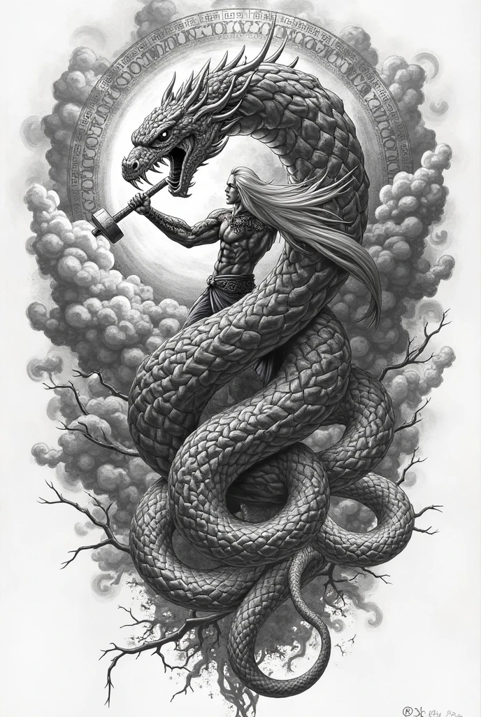 Create a Viking tattoo in black and white pointillism without much shading and light tones without much detail that could represent a warrior in a determined stance, holding a sword that pierces a serpentine figure or stylized dragon, representing Fafnir. The dragon figure could be enveloping the warrior, showing the internal and external struggle that Sigurd faced. Instead of focusing on the violence of the battle, The tattoo could symbolize Sigurd's transformation through elements such as wings, leaves or runes emerging from the dragon or the warrior himself, indicating the new knowledge and power he acquired.