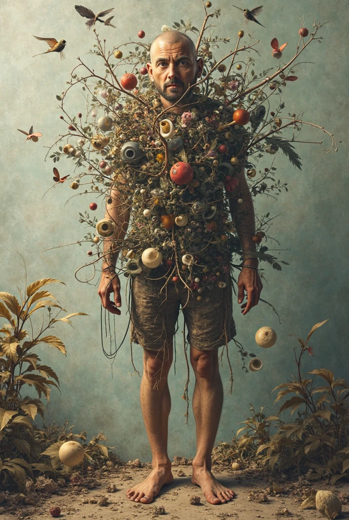 Illustration of a fullbody young detailed firness shirtless barefoot man with white skin, turquoise blue eyes, flowery hair and body covered with many leaves, soft color, dreamy, surrealism, abstract painted background with gouache paint strokes, intricate details, 3D rendering, octane rendering frank francella style.