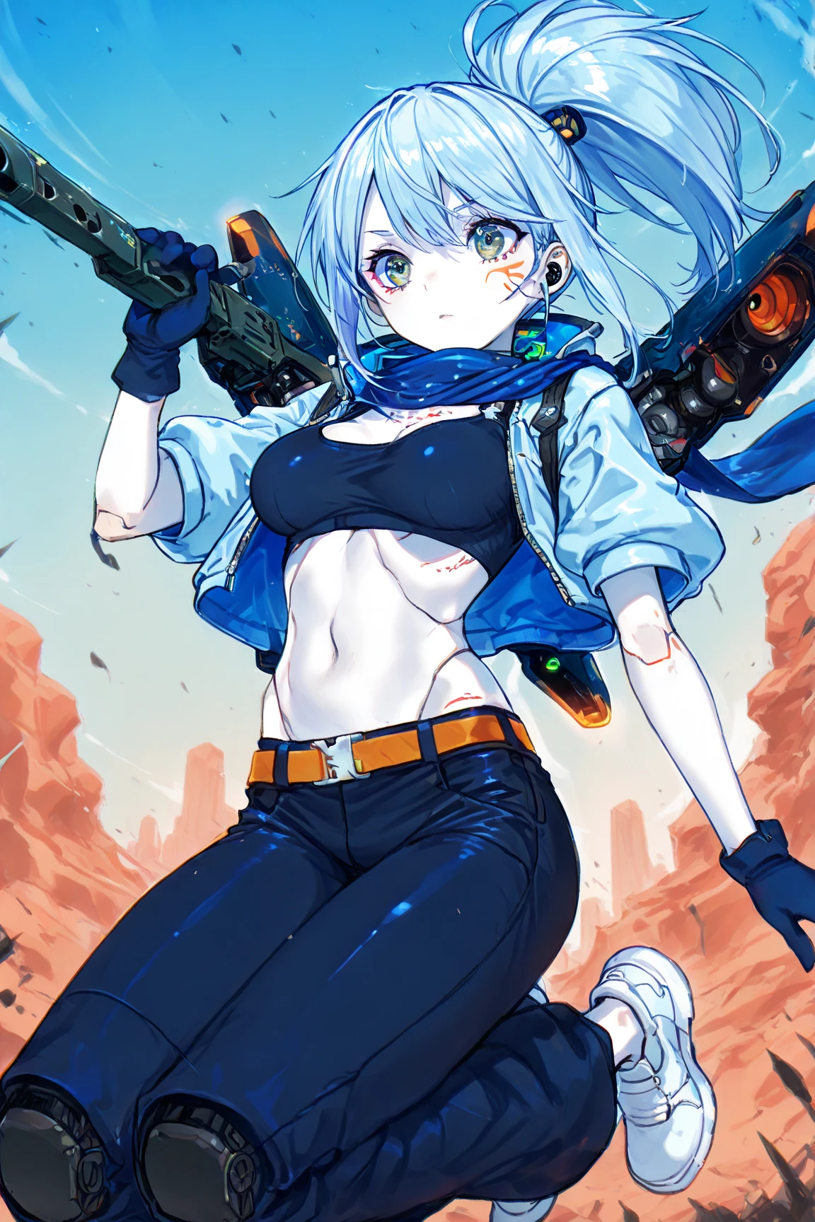 Resolution full, best quality, masterpiece, full HD, very sharpener, very detail, best art, pixiv art, depth of field, beautifull girl, super detailed, 1girl, cute girl, long hair, multicolor hair, grey hair, aqua inner hair, white flower hair ornament, beautiful cyan bright eyes, medium breast, white T - shirt, brown scarf, short black skirt, bandage hands, bandage legs, (holding sword), at desert, post apocalypse