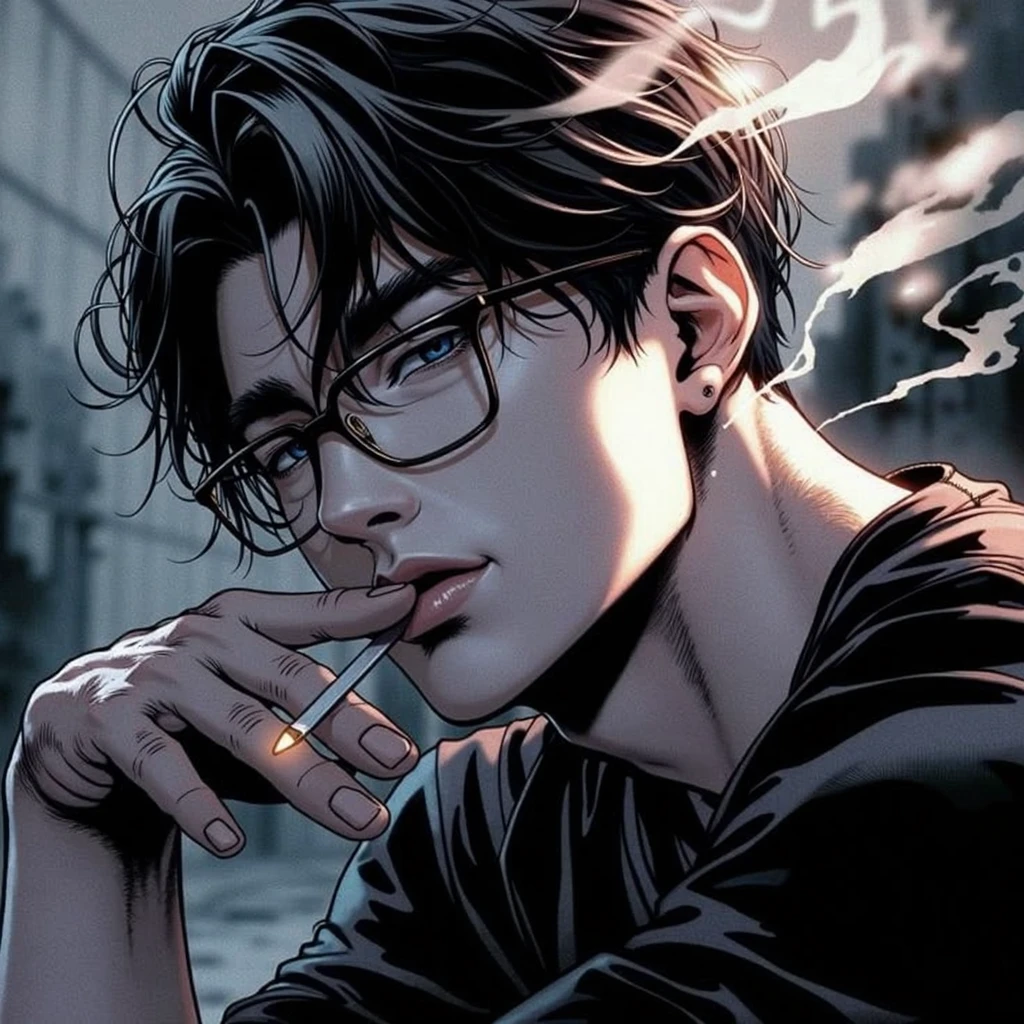 Create a digital illustration of a young man with an intense, he has injury between eyes, brooding expression. He should have sharp, angular features, short black hair styled in a modern quiff, and thick, dark eyebrows. Include large, square-framed glasses that dominate his face. The man is smoking a cigarette, with wisps of smoke curling upward. His gaze is directed slightly to the side, giving him a contemplative air.