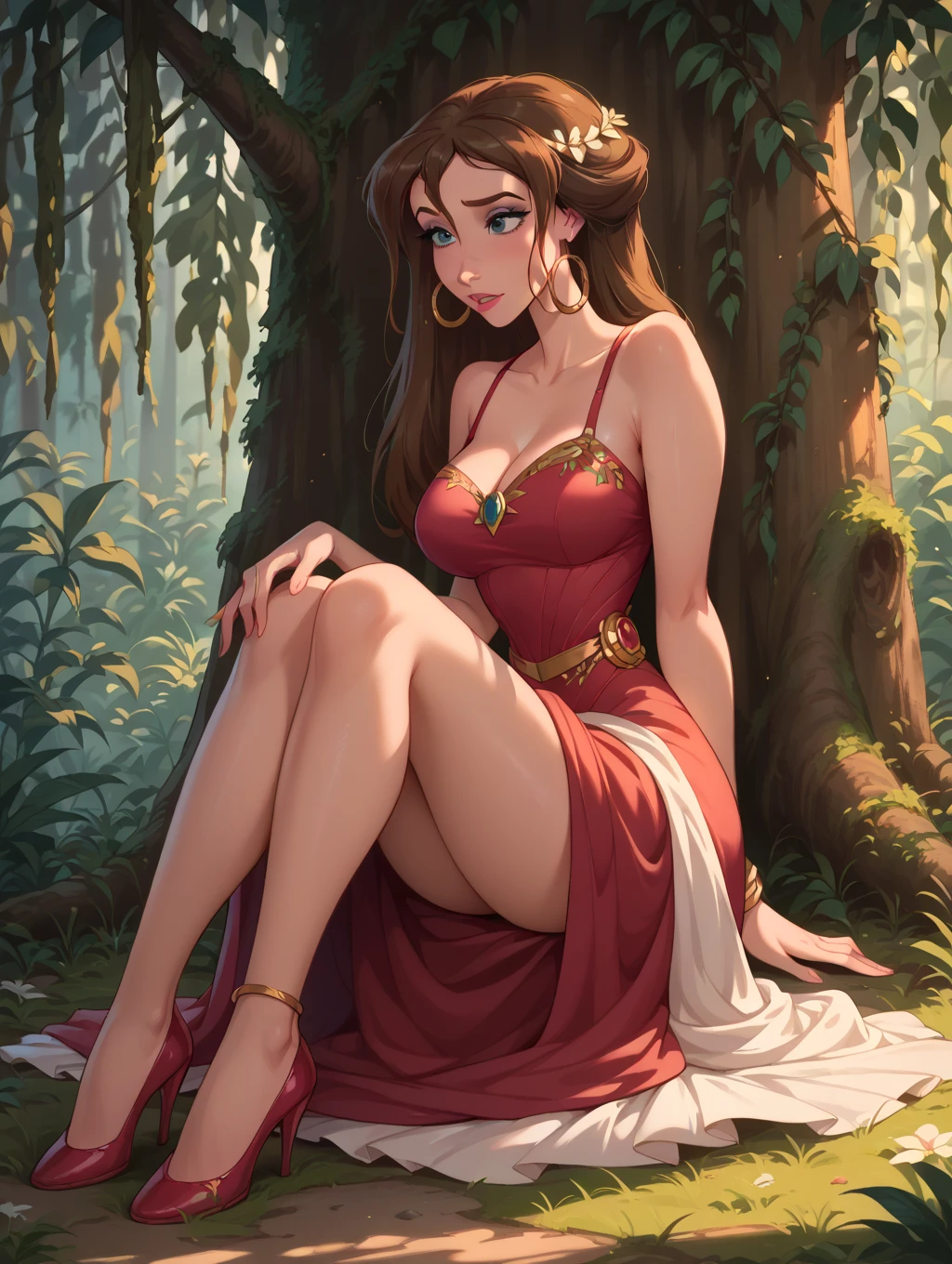 A beautiful 16-year-old girl is sitting in a top and high-heeled sandals