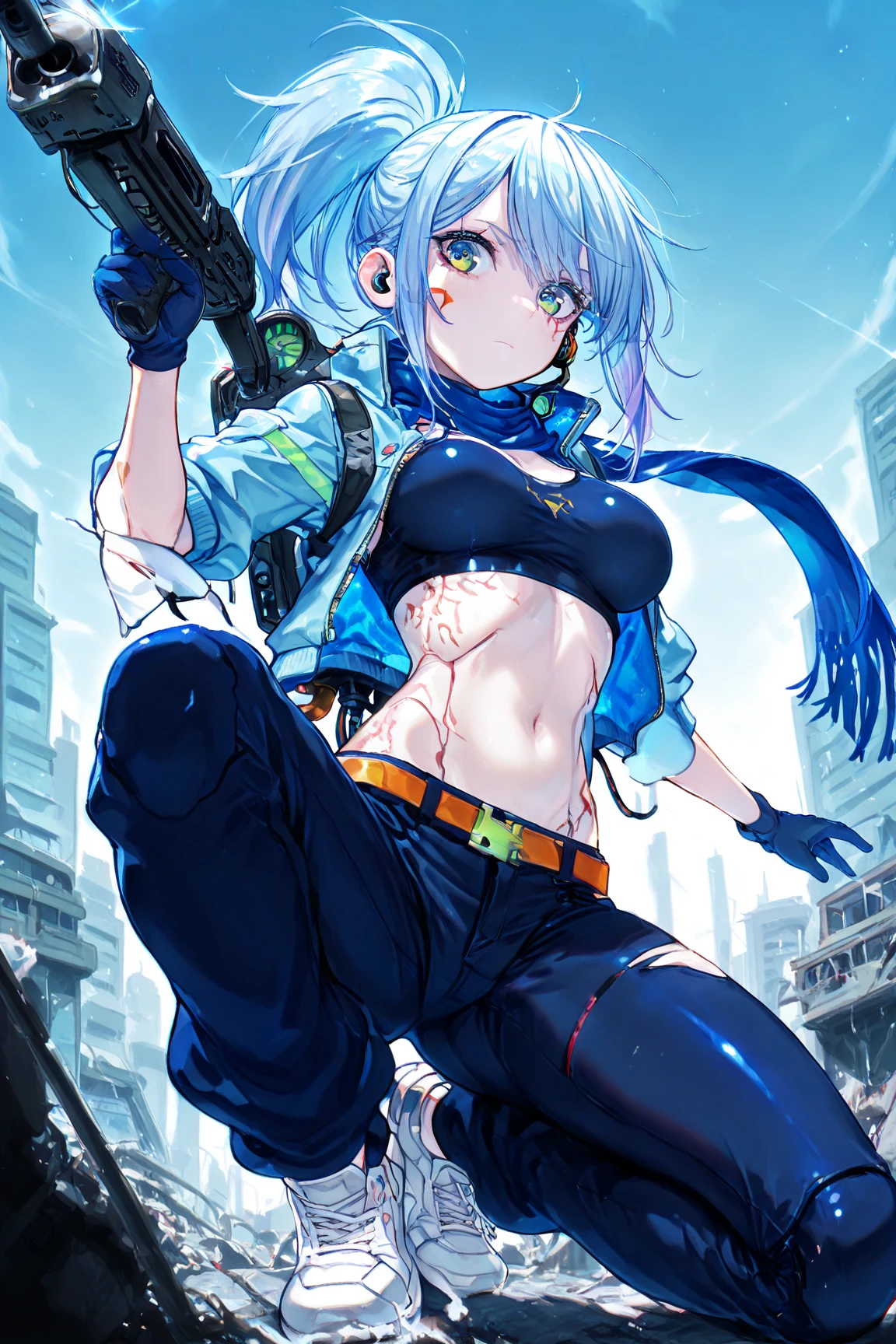 best quality, (masterpiece:1.3), absurdres, highres,16k, ultra high res, official art, illustration,extremely detailed, 1girl, solo, full body, 20yo,
delicate lines tailed face, (medium hair:1.9), (side swept bangs:1.7), (beautiful (aquamarine blue) hair:1.2), (shiny hair:1.2), (beautiful (light-purple) eyes:1.2), (shiny eyes:1.2), (medium breasts), (gleaming skin:1.4),
(cowboy shot:1.5), (from above:1.8), (looking at faraway:1.5),
(standing), laugh with open mouth, grin,
(mechanic:1.5), (mechanic:1.5), (tank top, long pants, belt), (goggles on head:1.3), (leather gloves:1.2), (waist tool bag:1.3),
(car factry:1.5)