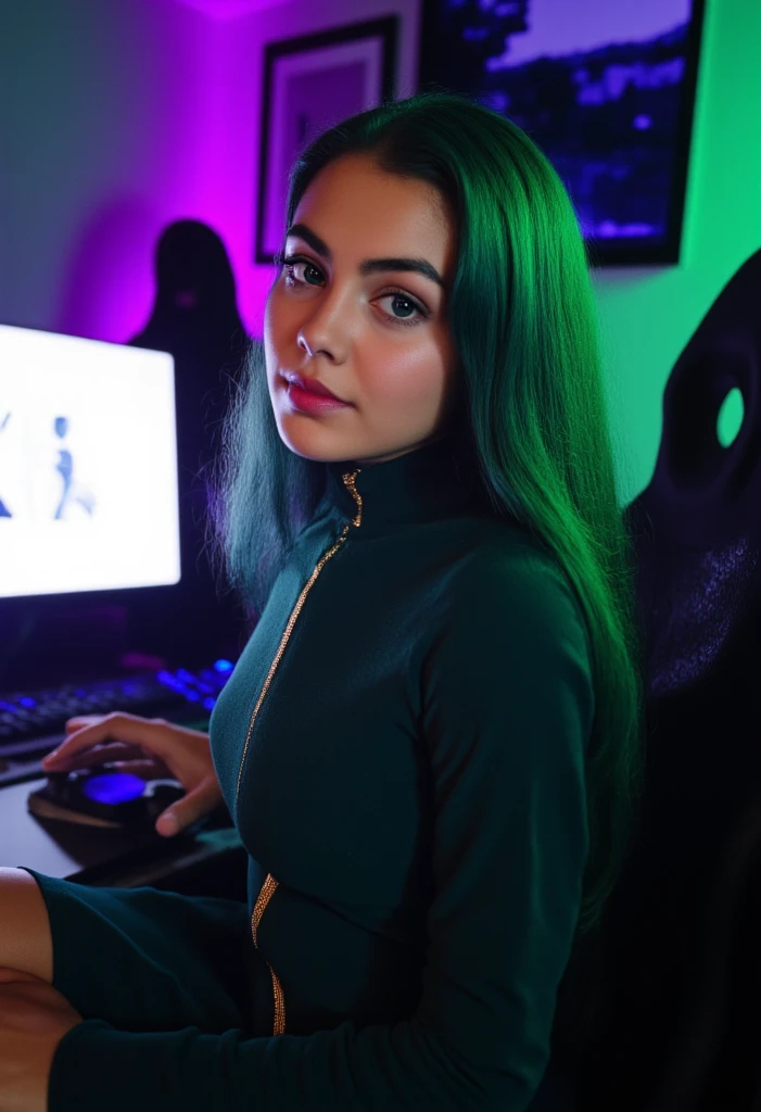 an ((14-year-old girl)), ((child model)), ((??? model)), delicate face, ((pale white skin)), black and green hair, green eyes, sitting in the gaming chair, gamer girl, eyeliner, egirl, (((naked)))