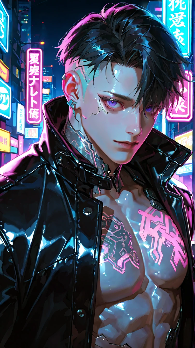 {{masterpiece,Best Quality}}, top-quality, Delicate background,delicated face,Super delicate,Ultra-detailed CG Unity,8k wallpaper, lensflare, (colourfull:1.5),Back shot,Detailed beautiful eyes,a 20 yo woman,Bery short hair,sending hair,Cool Face,((Black and blue hair)),glowing green and purple eyes,abdominals,Big piercings,Overjacket,damage jeans,cyberpunked,a hologram,Neon lights flying around,nighttime scene,Perfect human body structure,On top of the building,Sit on the steel frame,stare at the building,Shining Buildings,Cyberpunk City,From above,from distance,