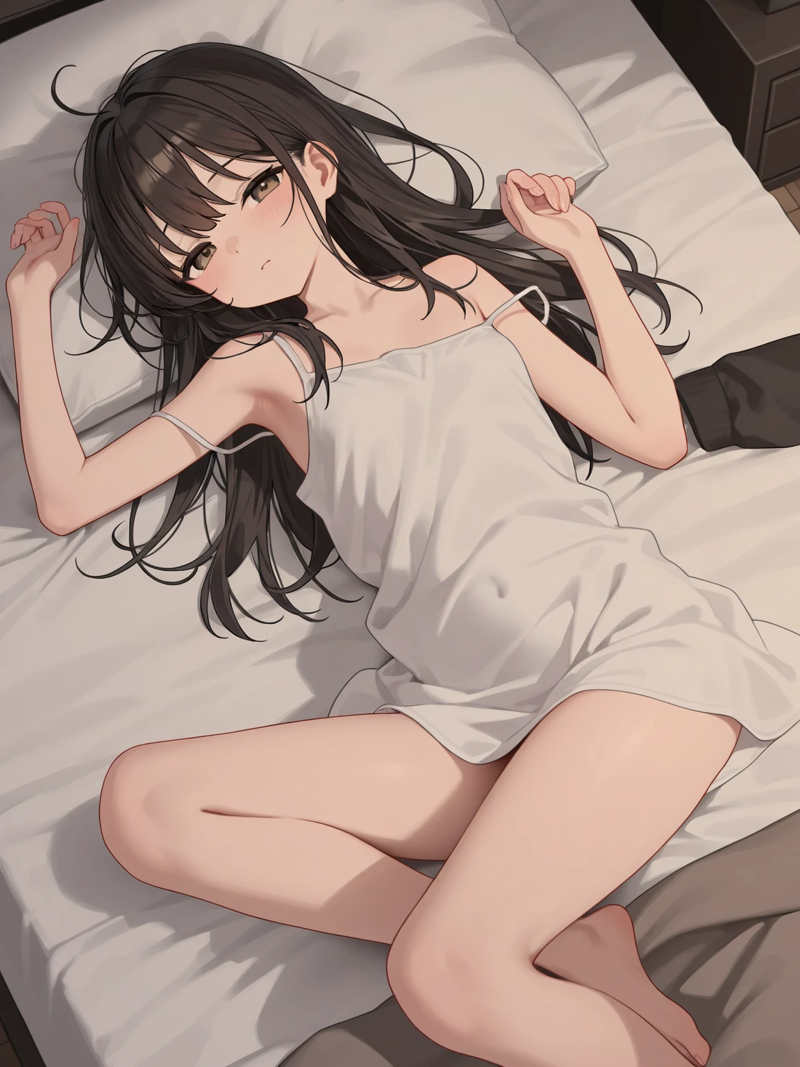 absurderes,(​masterpiece、top-quality、8K ),intricate detailes,ultra-detailliert、1 down, (trap ,Otokonoko, Tom Girl:1.2), Solo, Male Focus, Very long hair, Cute anime face, Indoor, ( flat chest, Bulge:1.2),mid-riff peak,((blush)), Black hair, Purple eyes, (White camisole、shortpants:1.3),(Lying in a bed:1.4),Hyper realistic,Perfect Anatomy