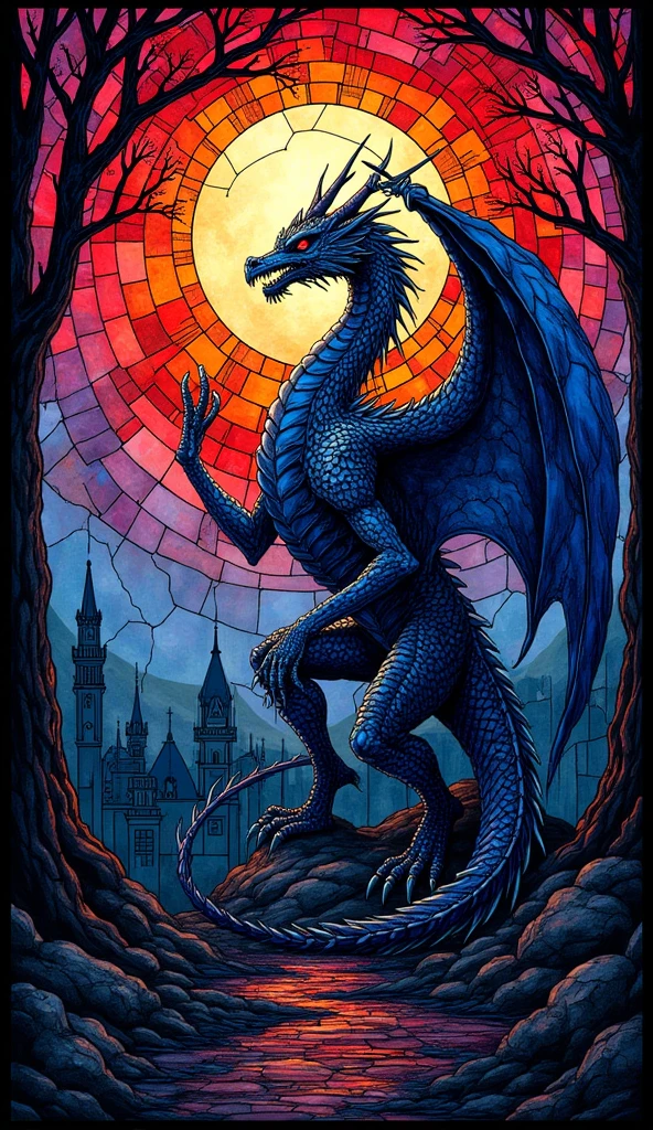A stained glass dragon window, hyperrealistic, photo, atmospheric lights