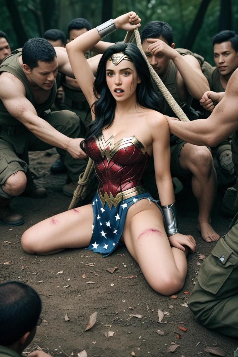 Wonder Woman on her knee tied up by a thousand soldiers, (crowded), (ten army in background try to tied her), tied up, Wonder Woman Costume, Restrained, BDSM, (two soldier tied her up), angle from above, (dress up) , unnaked, (ropes all over body)