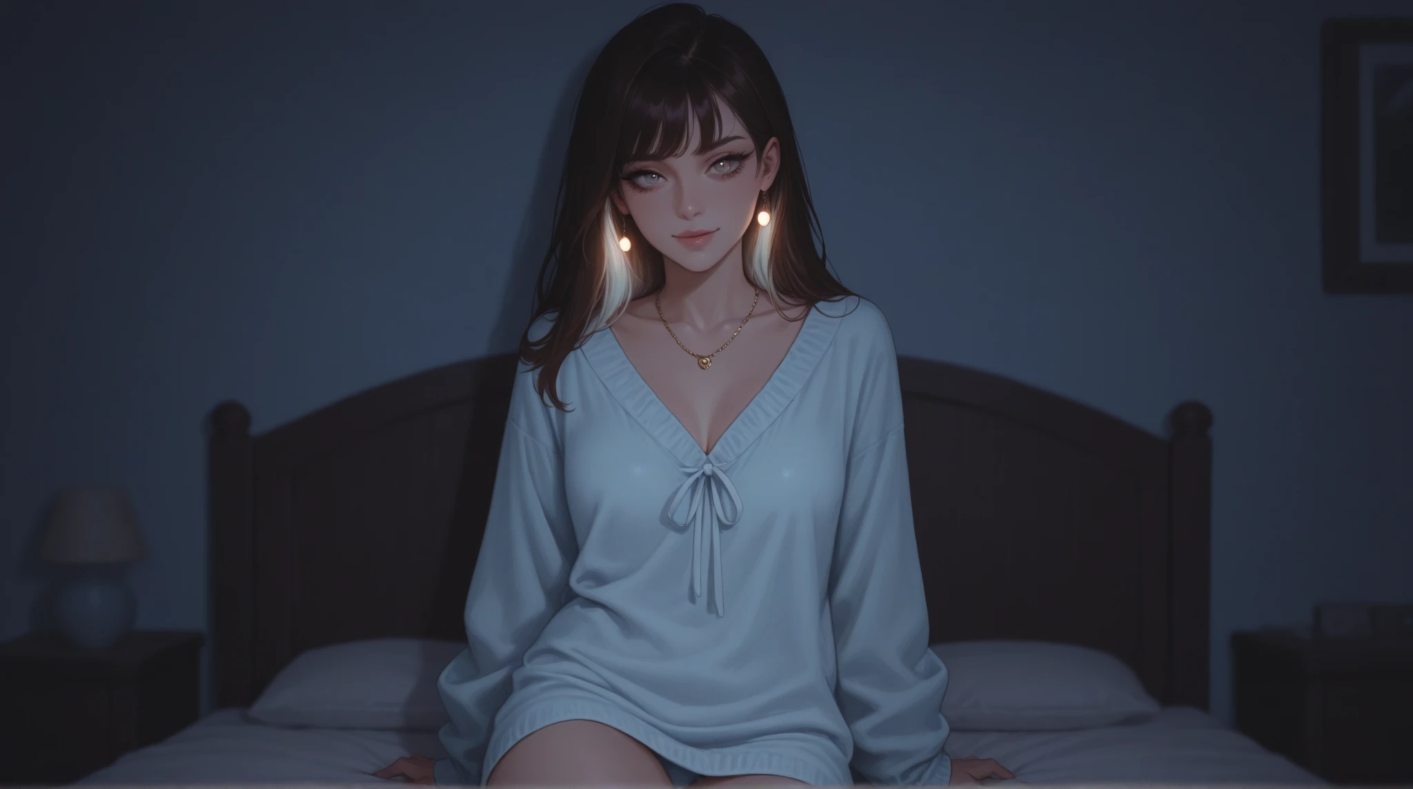 Evening: 1.7), Japan, Tokyo, hotel, bed, lying on bed, bare_shoulders, collarbone, sleeveless, Grey_dress, brown_eyes, brown_hair, braid, 1 girl, 20 years old, mature female, beautiful fingers, beautiful long legs, beautiful body, beautiful nose, beautiful character design, perfect eyes, perfect face, look up, NSFW, official art, extremely detailed CG Unity 8k wallpaper, perfect lighting, colorful, Bright_Front_face_Lighting, (masterpiece:1.0), (best_quality:1.0), ultra high resolution, 4K, super detail, photography, 8K, HDR, high resolution, absurd:1.2, kodak portella 400, film grain, background blur, bokeh:1.2, lens flare, (vibrant_color:1.2) (beautiful, large_Breasts:1.4), (beautiful_face:1.5),(narrow_waist), --auto --s2