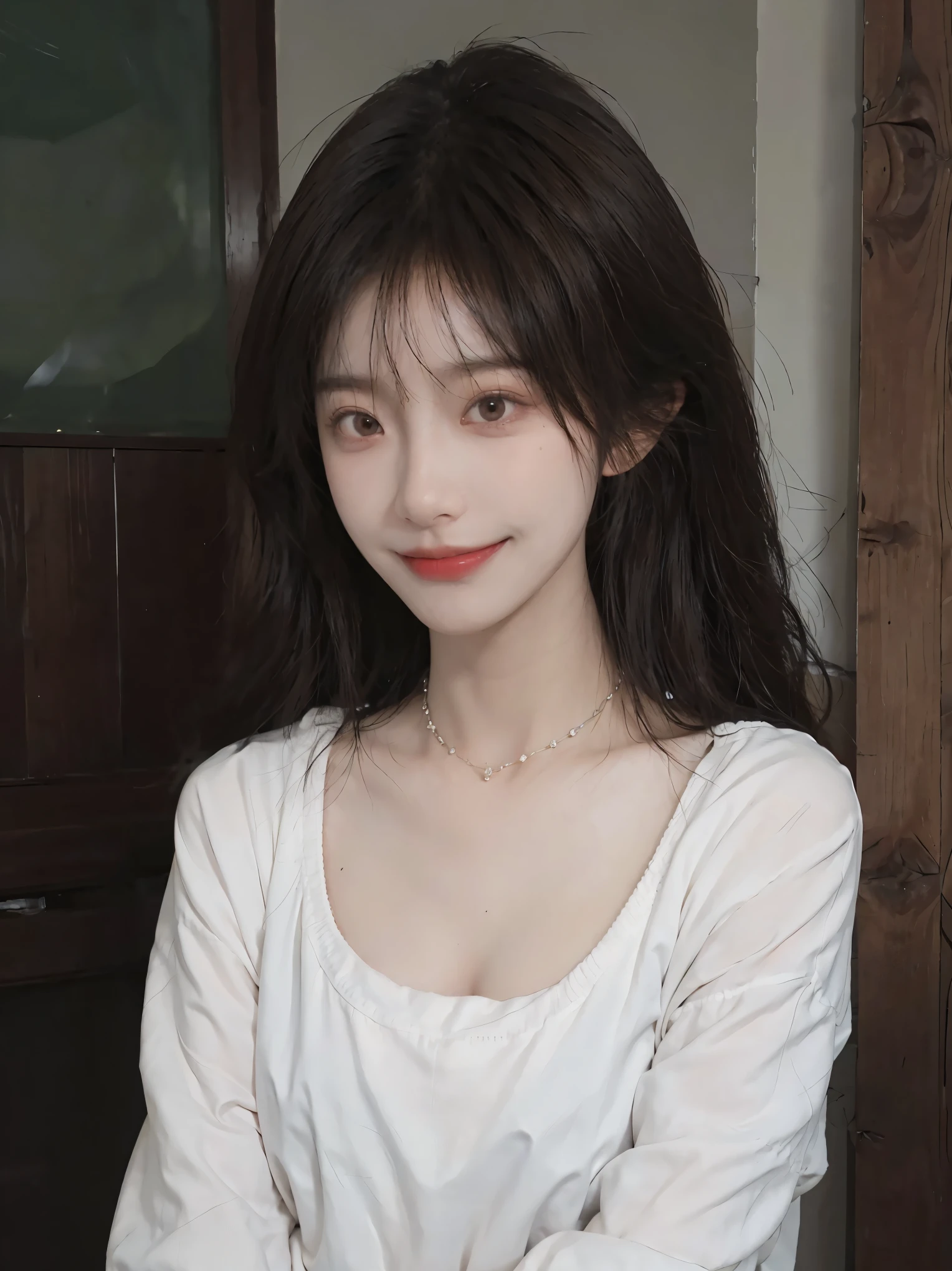 best quality， ultra high resolution， （realistically：1.4），cute hairpin，Baoyu Girl，European style apartment，（flat chest：1.2） ，A pair of clear and charming peach blossom eyes,Royal sister，The sun shines on the face，Big wavy hairstyle，（necklace：1.2），（White skin：1.4），a sense of atmosphere，a beautiful girl， Smile，looking directly at the viewer， Close-up cleavage ，(lifelike:1.4),1 girl,Sexy,(Upper body:1.4),(wet),(:1.2)