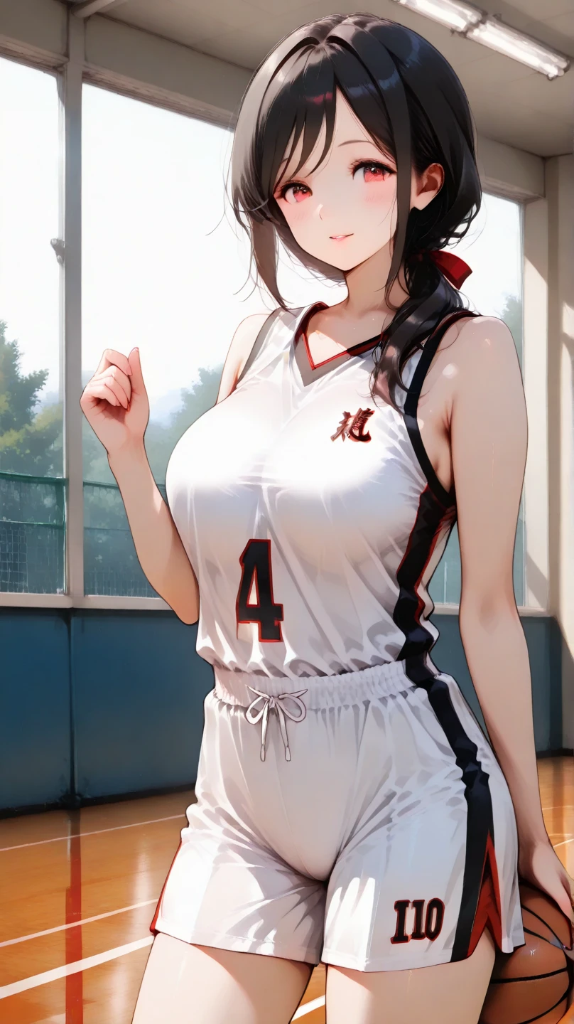 Masterpiece, Ultra quality, good lighting, shadows, perfect anatomy, posing, 1 girl, 21 years, mature girl, volleyball player, cute face, beautiful body, black long hair, black eyes, seductive eyes, volleyball uniform, background room, rear, breasts, Thighs, seductive, hot, spicy, NSFW, wet