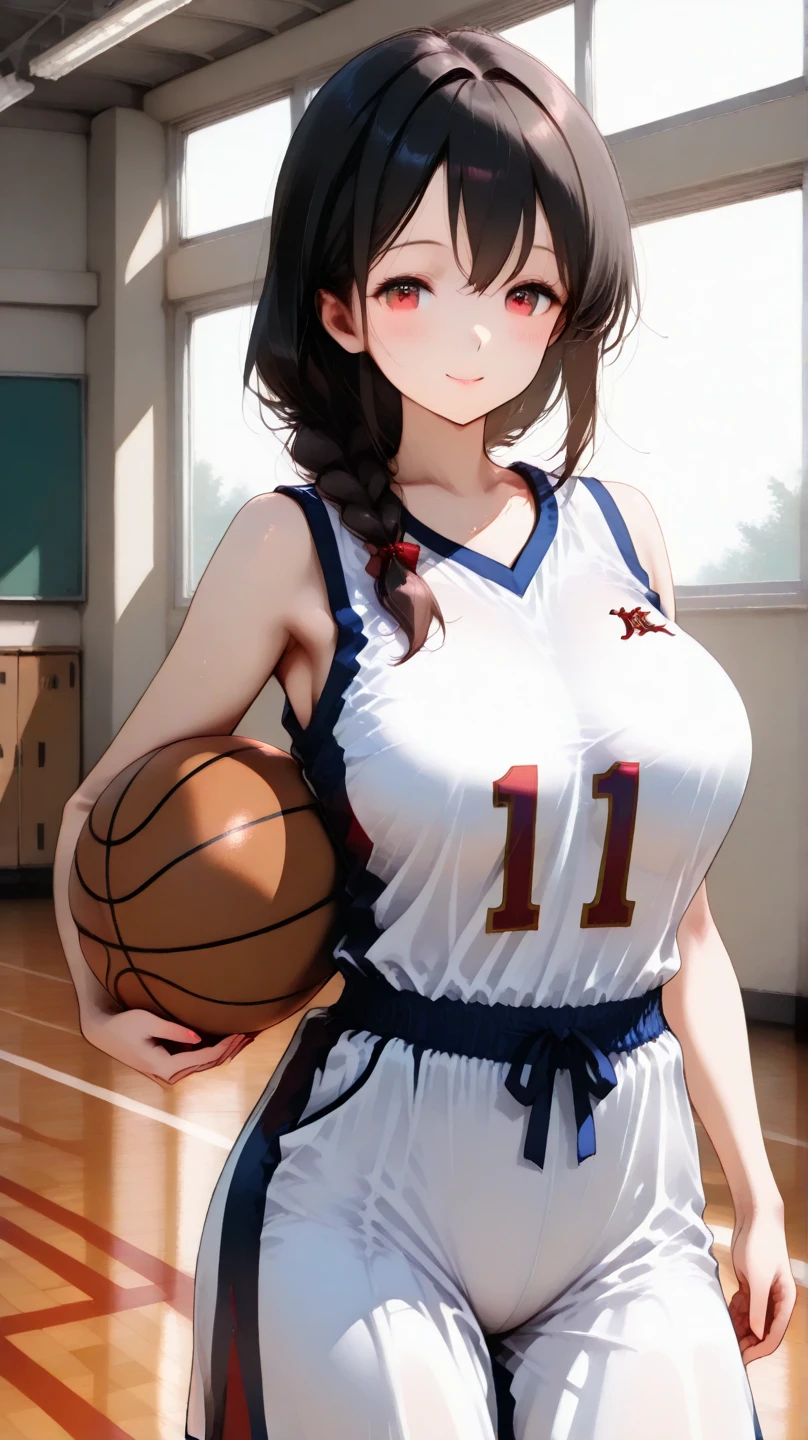Best Quality, masutepiece,  High resolution, (Anime Heroine Illustration), Anime Paint, 1beautiful girl ,Dynamic Angle,Female basketball players,small head,Large breasts,nice legs, Glowing skin, Sweat,At the basketball venue ,Cool,