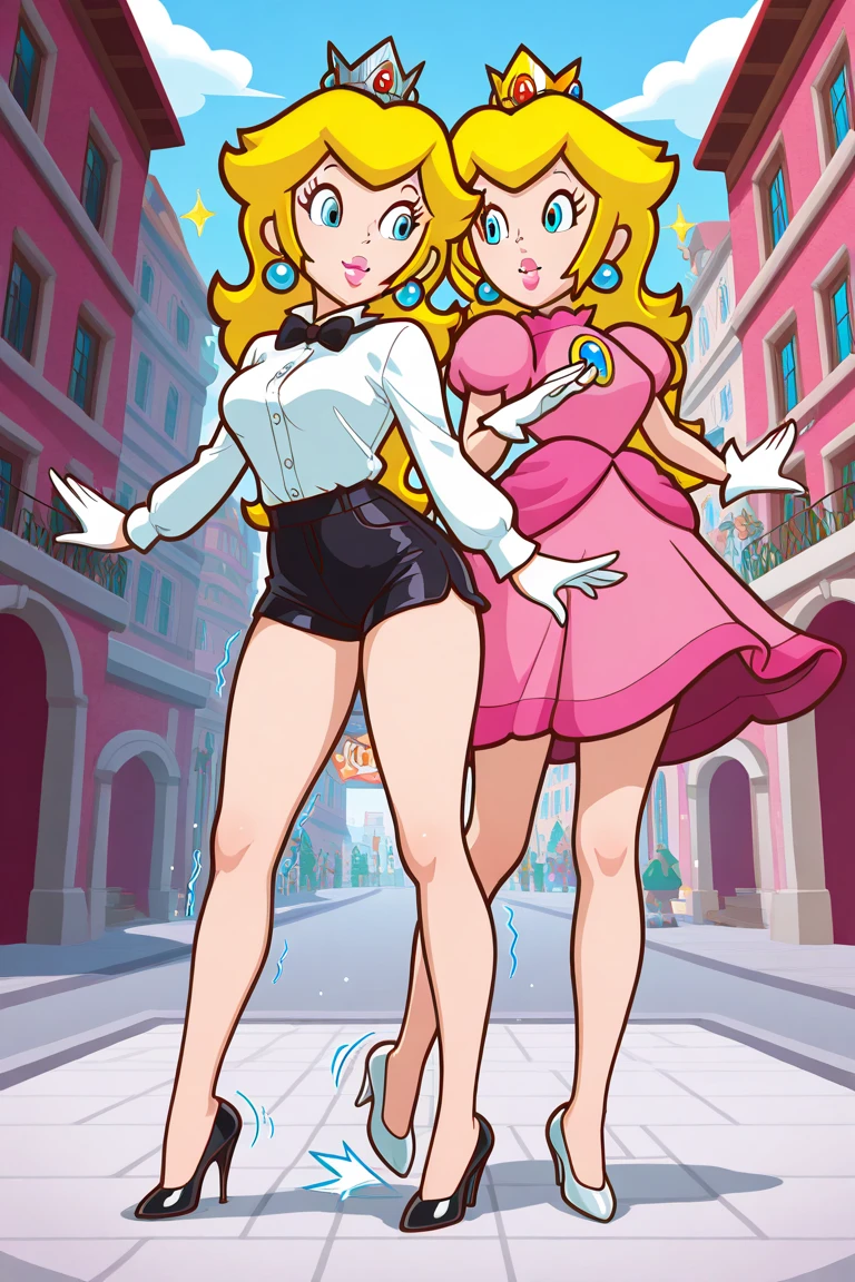 (highest quality, amazing details: 1.25), large breasts, detailed eyes, detailed face, (2heads:1.5), a two headed woman, a curvy figure, with a large bust and fairly wide hips, (2heads:1.5), 1girl, (blonde hair color), (brown hair color), calculating, sassy, black outfit(blue eyes),flirty, (blue eyeshadow and pink lipstick.)