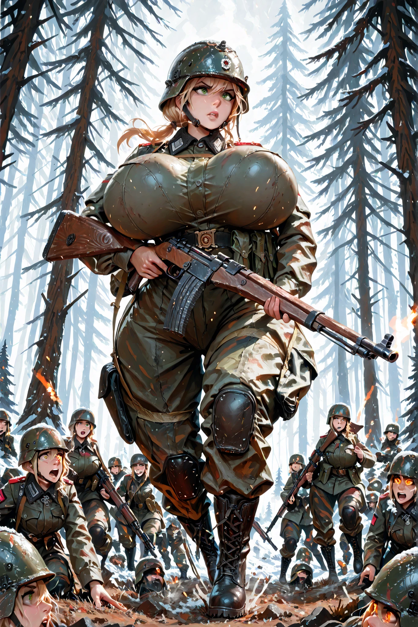 1 goregous WW2 German soldier girl, extremely curvy, wearing helmet, combat boots, detailed, hyper breasts, narrow waist, super wide hips, she is holding a rifle, shooting a horde of zombies, winter forest background, action shot, dynamic cinematic scene, wearing military gear, best quality, intricate details, amazing artwork, masterpeice,