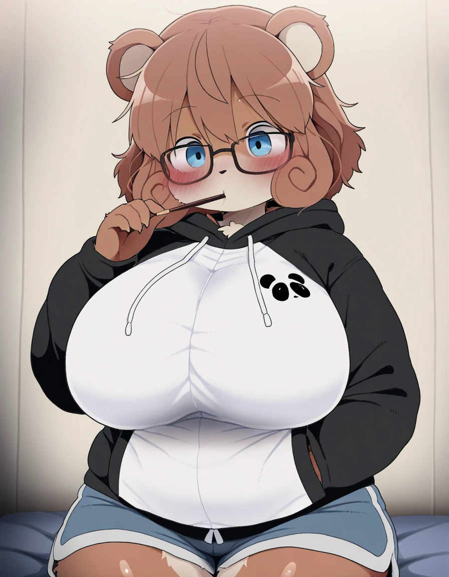 anime screenshot 1 girl, short hair, wavy hair, bangs cover one eye, ginger hair, horns, freckles, glasses, standing, upper body, looking at viewer, Bikini, large breasts, choker, chubby, big , small fangs, looking up, :3, holding breasts, large tongue, sticking tongue out of mouth, salivating, shy expression, plump lips, visible throat, sweaty