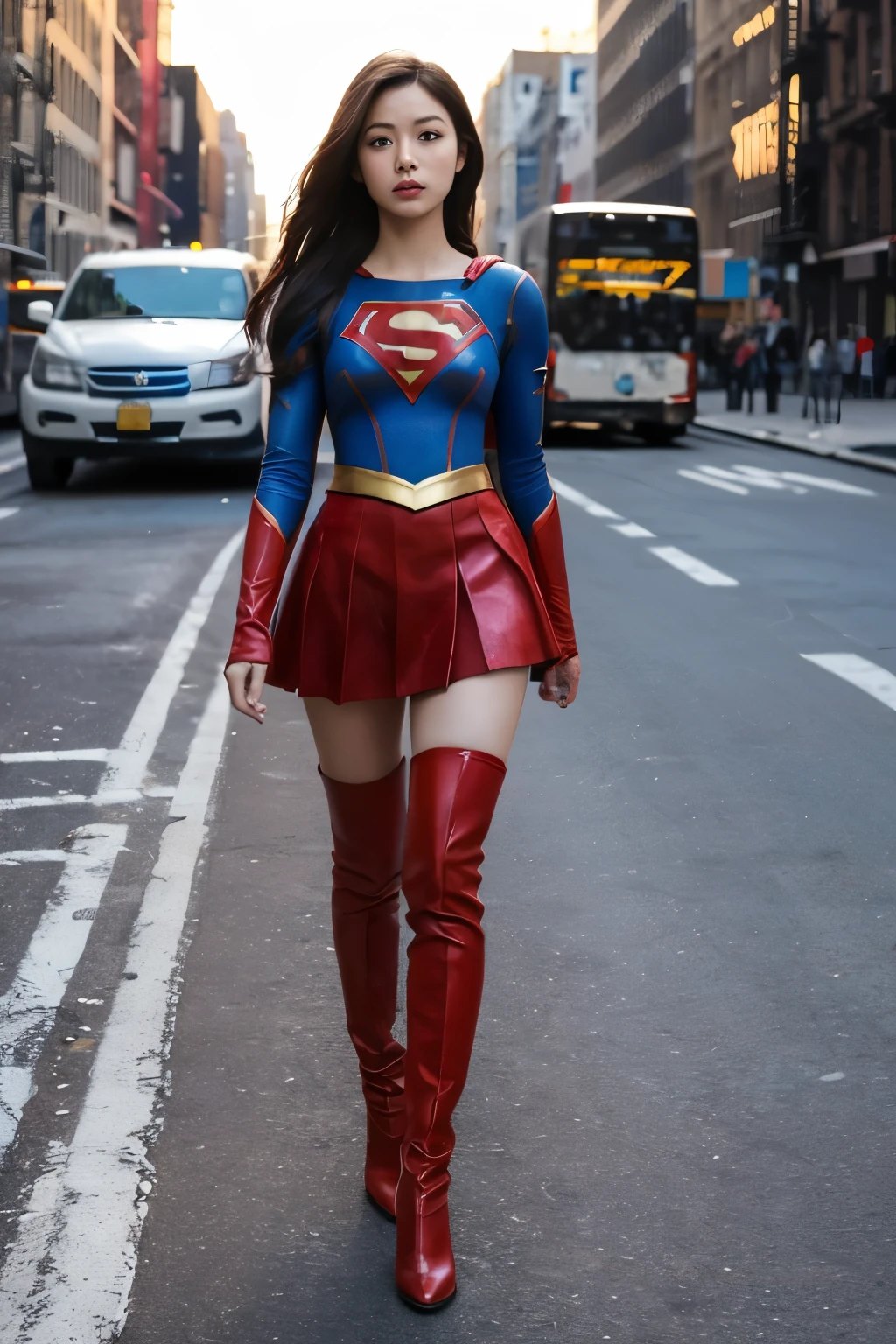 (((Make the most of the original image)))、(((Supergirl Costume)))、(((lustrous dark hair)))、(((Suffering)))、(((Feet must necessarily be worn with black tights)))、(((You need to wear red boots)))、((Top image quality、8K))、((top-quality、8K、masterpiece:1.3))、Crisp focus:1.2、Beautiful woman with perfect body shape:1.4、Slender Abs:1.2、((layers-Cut、large boob:1.2))、a wet body:1.5、Highly detailed facial and skin texture、