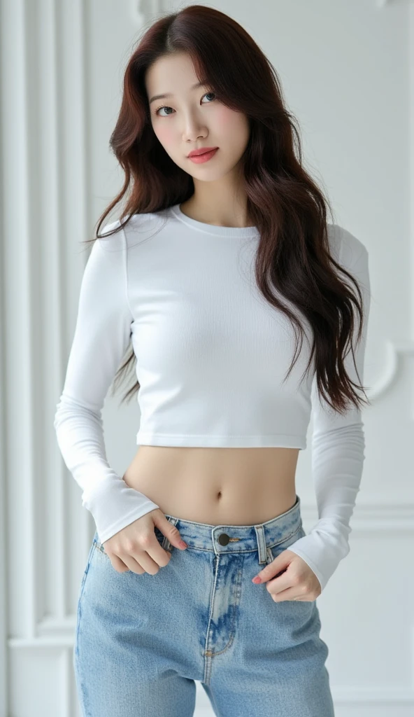 woman standing on balcony,open arms, Elegant white tight dress, A woman wearing a white t-shirt and jeans poses for a photo.,Tight T-shirt,tight white shirt,Beautiful white shirt., Long sleeve t-shirt, Business attire,Round face,officially shot,moderate,20 year old girl,The clothes were flat.,no fold