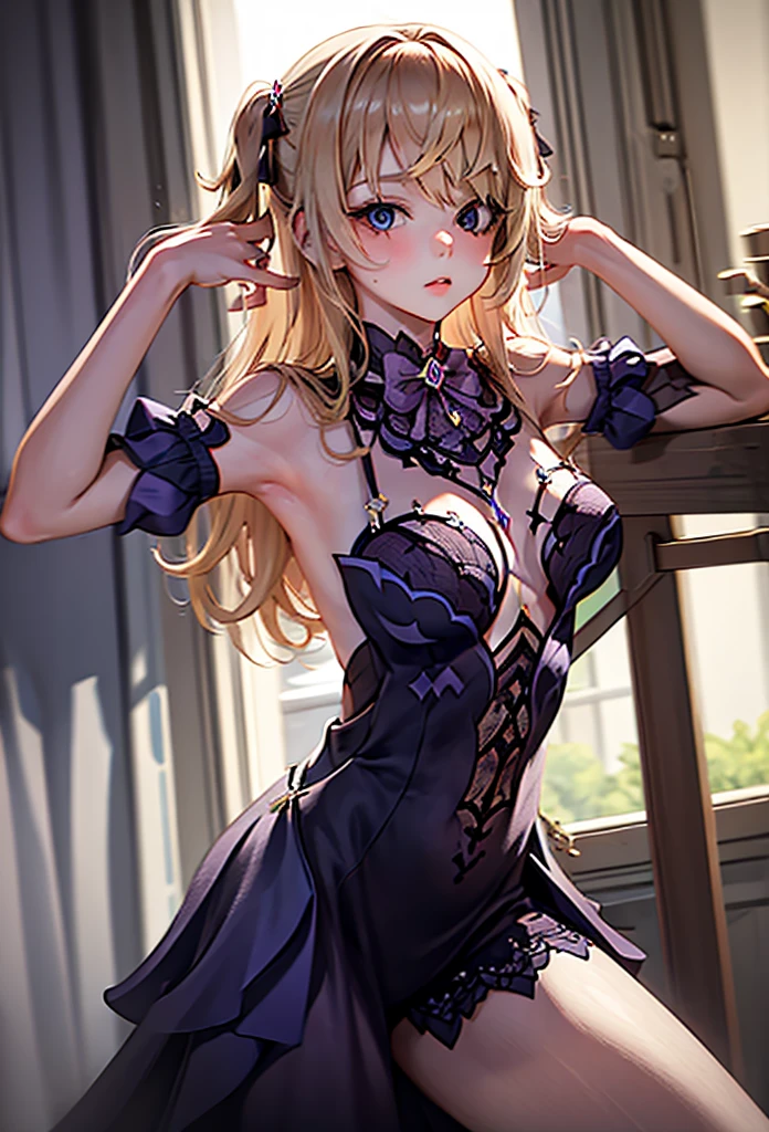 a Shy slave princess, flowers, lust, blonde hair, purple dress, slave tattoo on her stomach