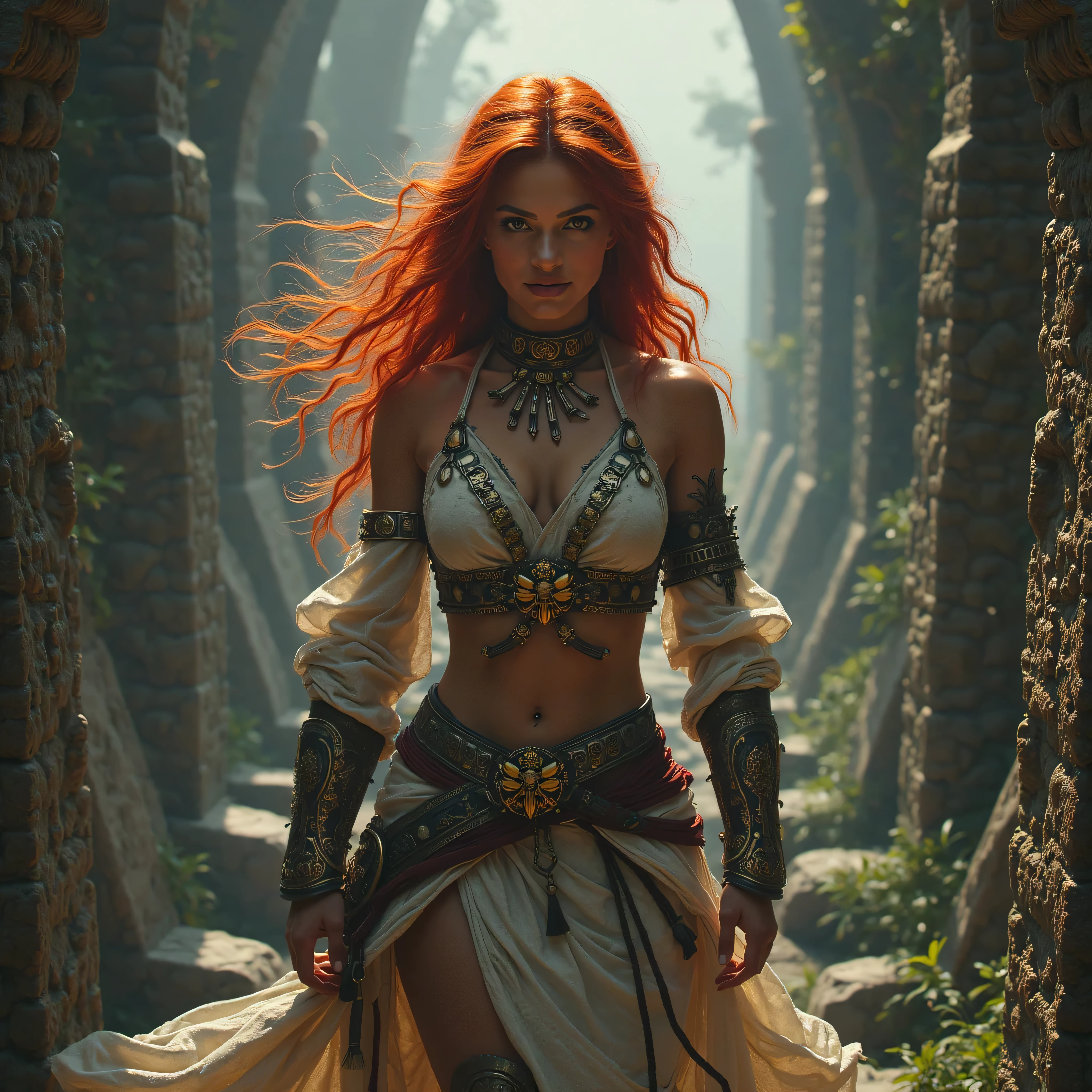 A powerful elven sorceress stands by a calm lake at dusk, holding a lantern that emits a soft golden light. She has long orange and violet hair, bright green eyes, and wears a red leather corset with a loose black cape. Her ears are pointed, and she has an air of mystery and danger about her. The background features misty mountains and a serene, misty lake, with reflections of the trees and moonlit sky.