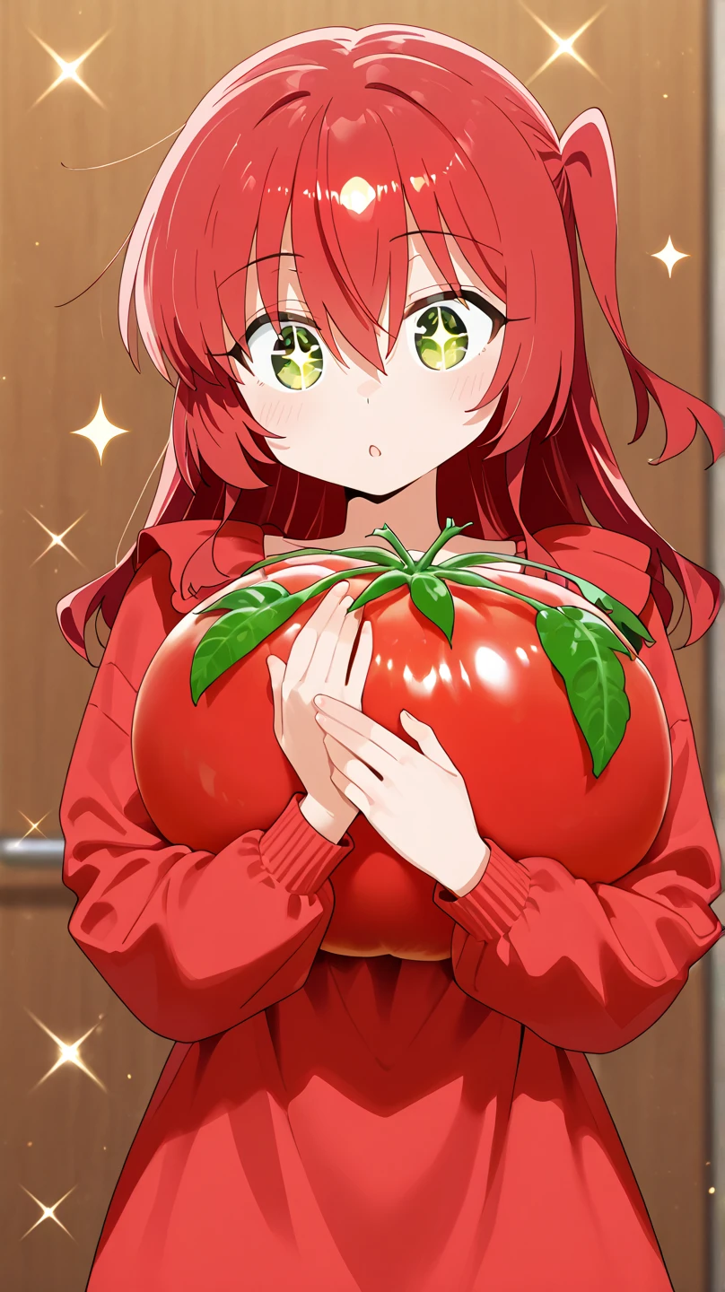 1girl, solo, masterpiece, highest quality, 8k, , kitchen background, naked apron, bare legs, sexy legs, bewitching thighs, blushing slightly, sfw, thick thighs, holding kitchen knife on each hand facing a turkey on plate half cooked, red hair, yellow eyes, peach skin, black and white apron, naked apron, ahegao expression